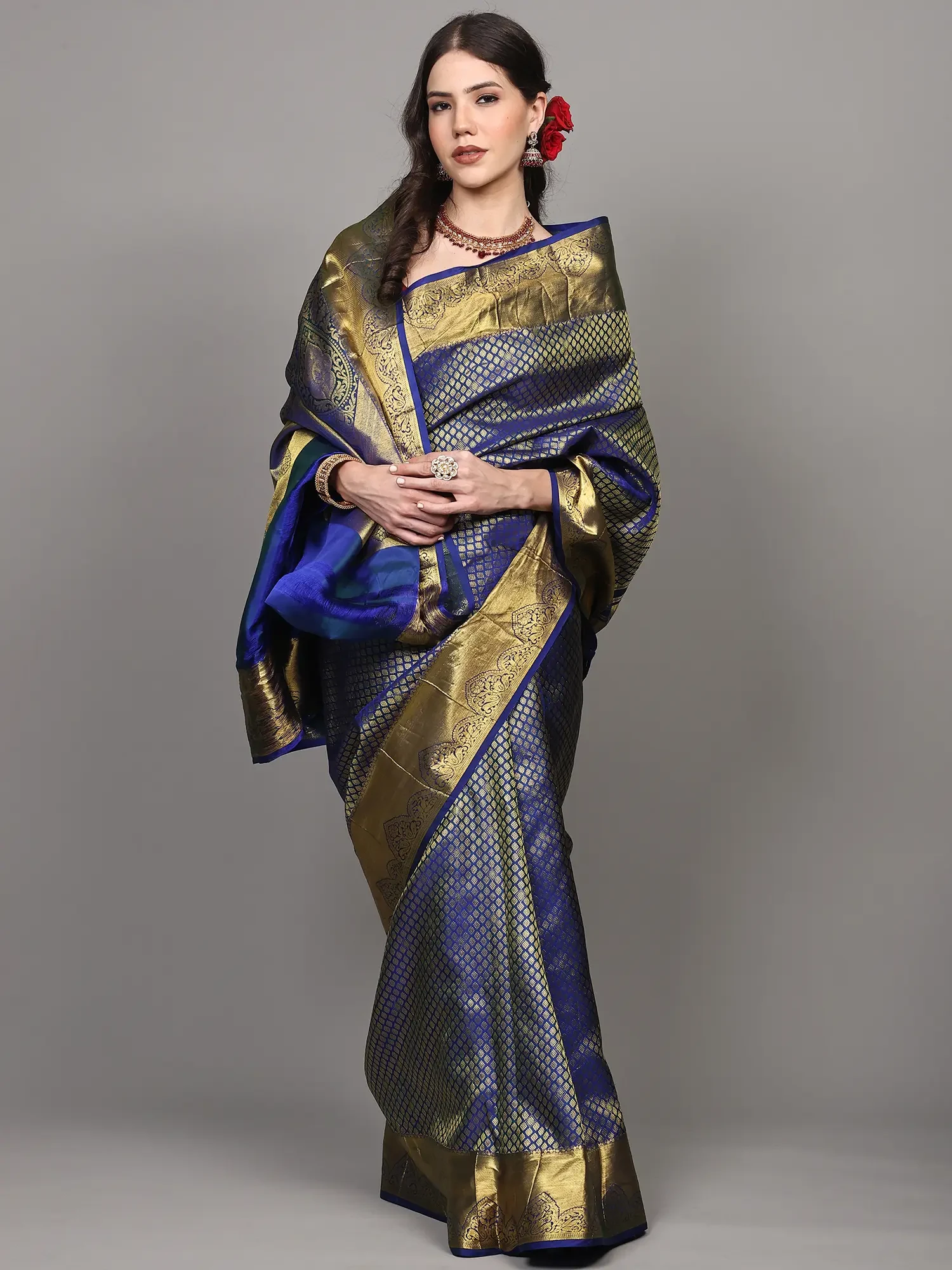 Mazarine-Blue Pure Silk Bridal Saree with All-Over Intricate Zari Weave Small Bootis from Kumbakonam