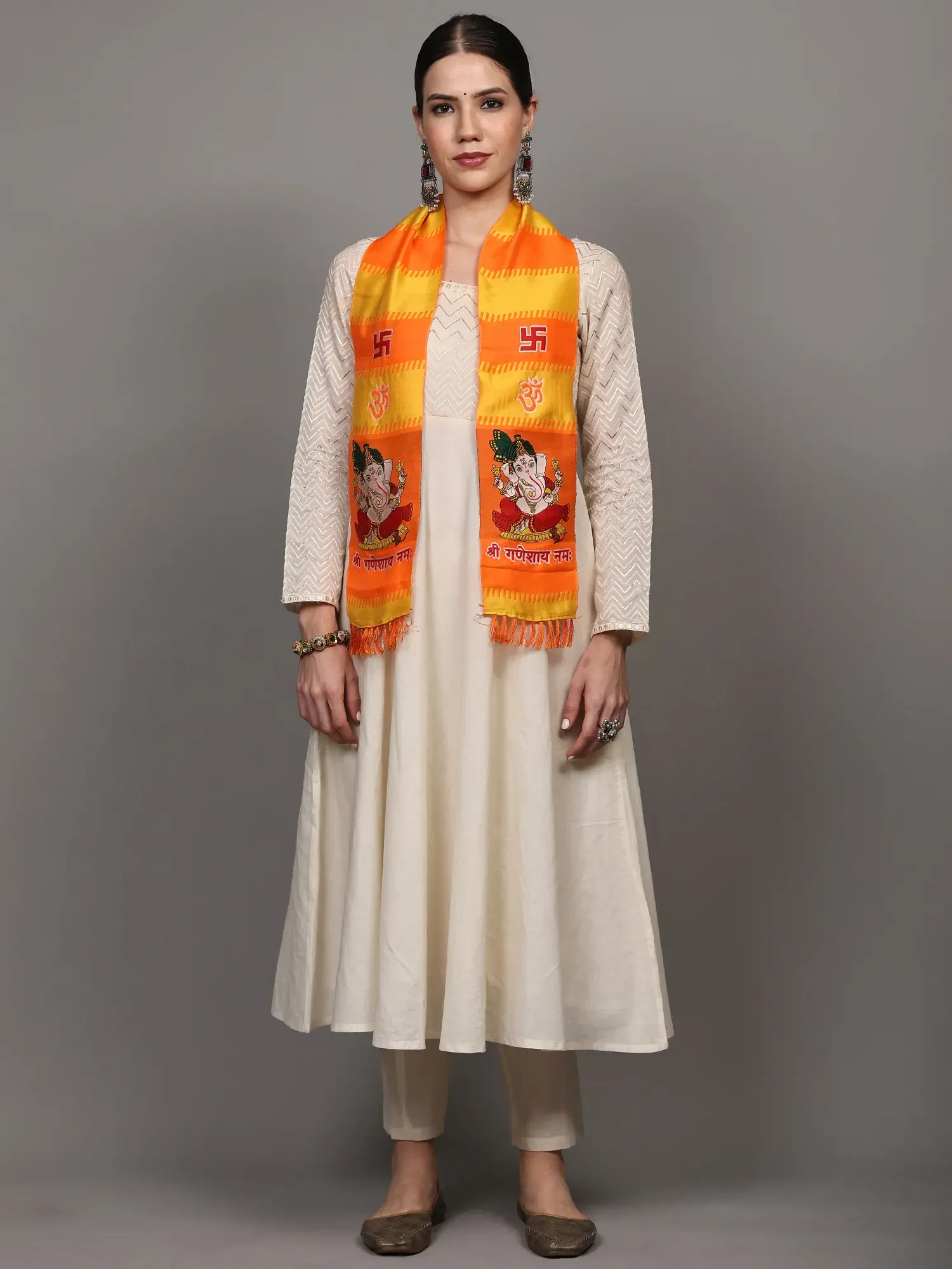 Orange and Yellow Lord Ganapati Prayer Scarf with woven Shri Ganeshay Namah Mantra (Unisex)