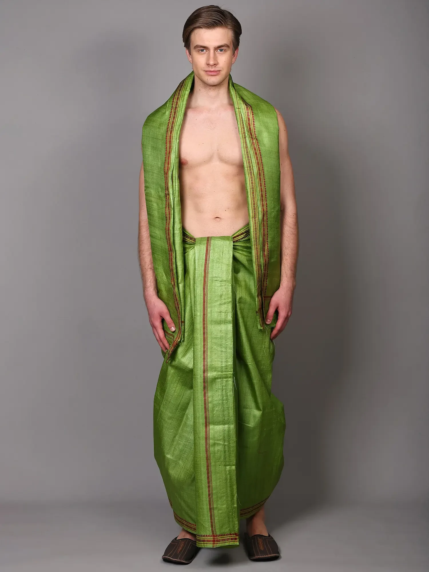 Pure Tussar Silk Dhoti with Angavastram Set and Thread Woven Temple-Rudraksha Border from Odisha