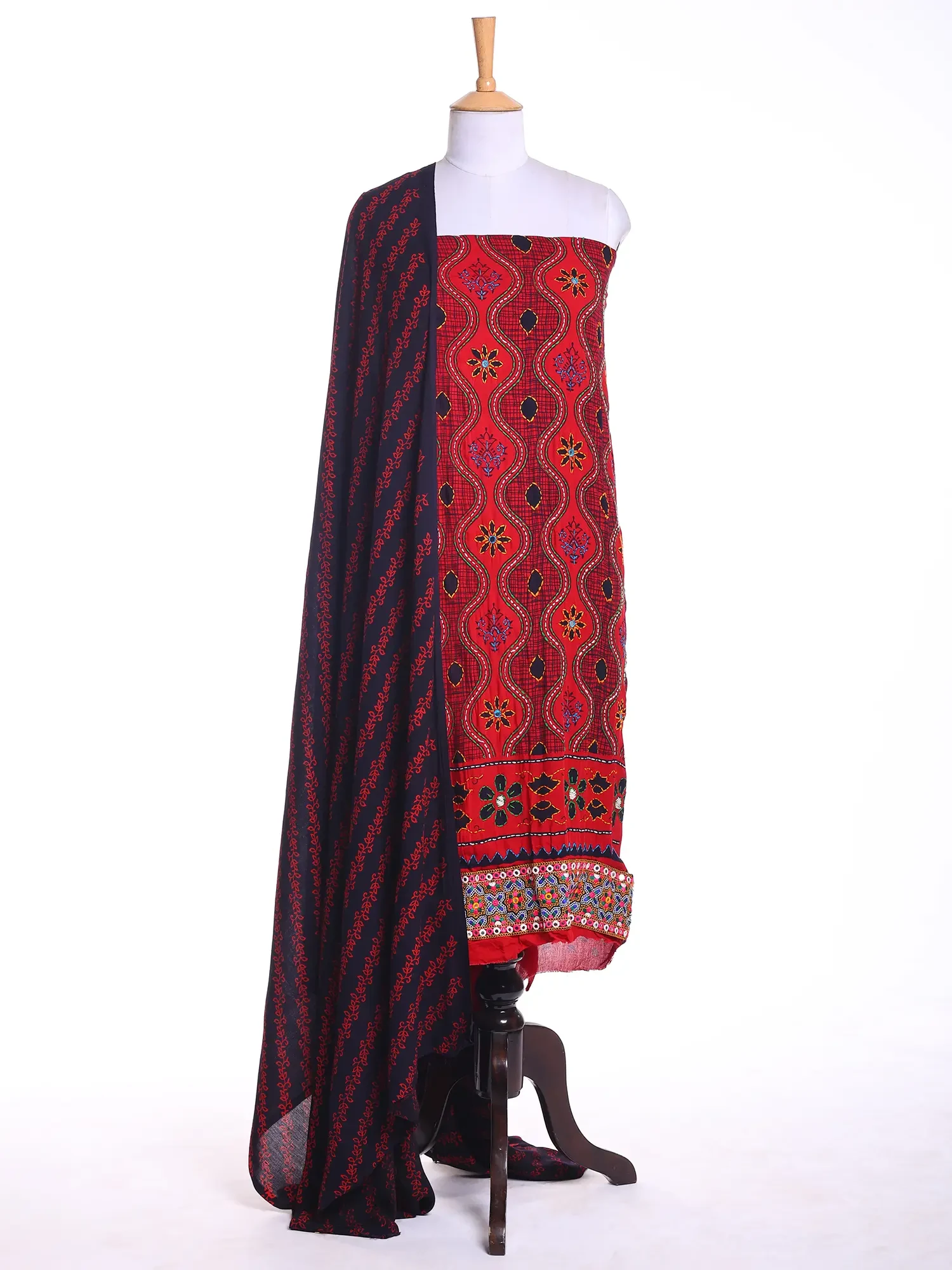 Mars-Red Three Piece Salwar Kameez Fabric and Dupatta from Gujarat with Multicolor Embroidery and Mirrors
