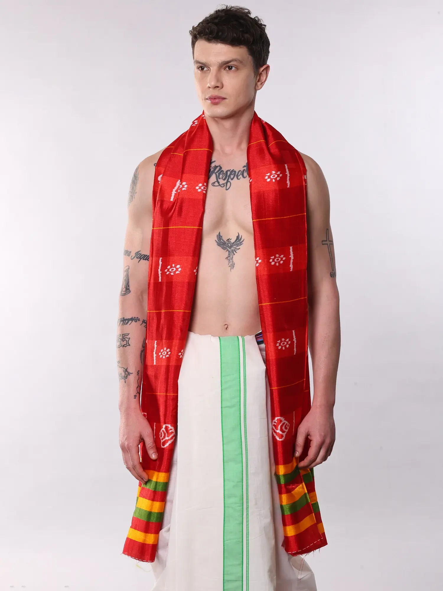 True-Red Tussar Silk Angavastram with Printed Hindu Religious Symbol and Multicolor Border from Odiasa