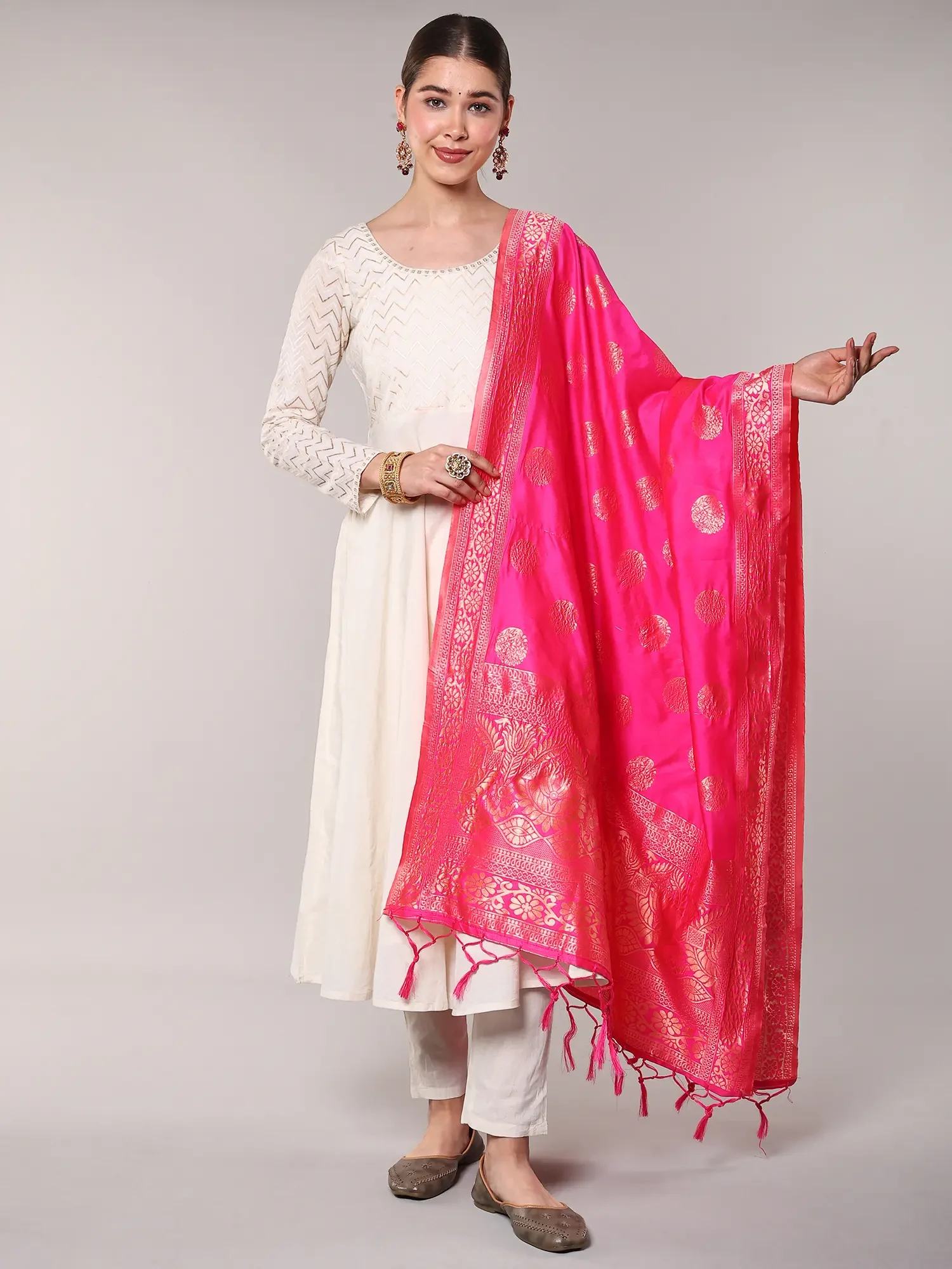 Pink-Peacock Art Silk Banarasi Dupatta with Zari Brocaded Floral Patterns