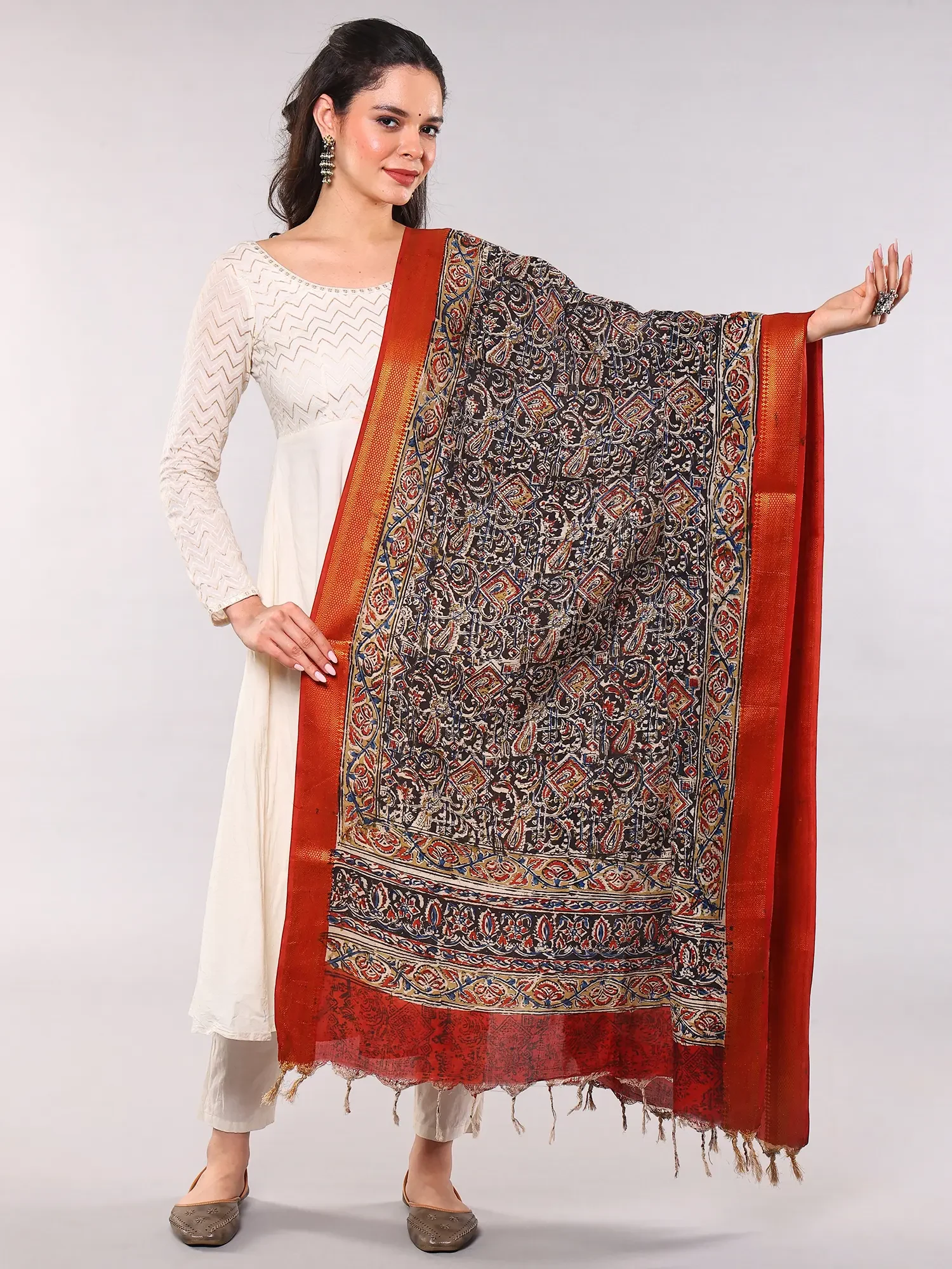 Multicolor Print Kalamkari Dupatta with Zari Border from from Telangana