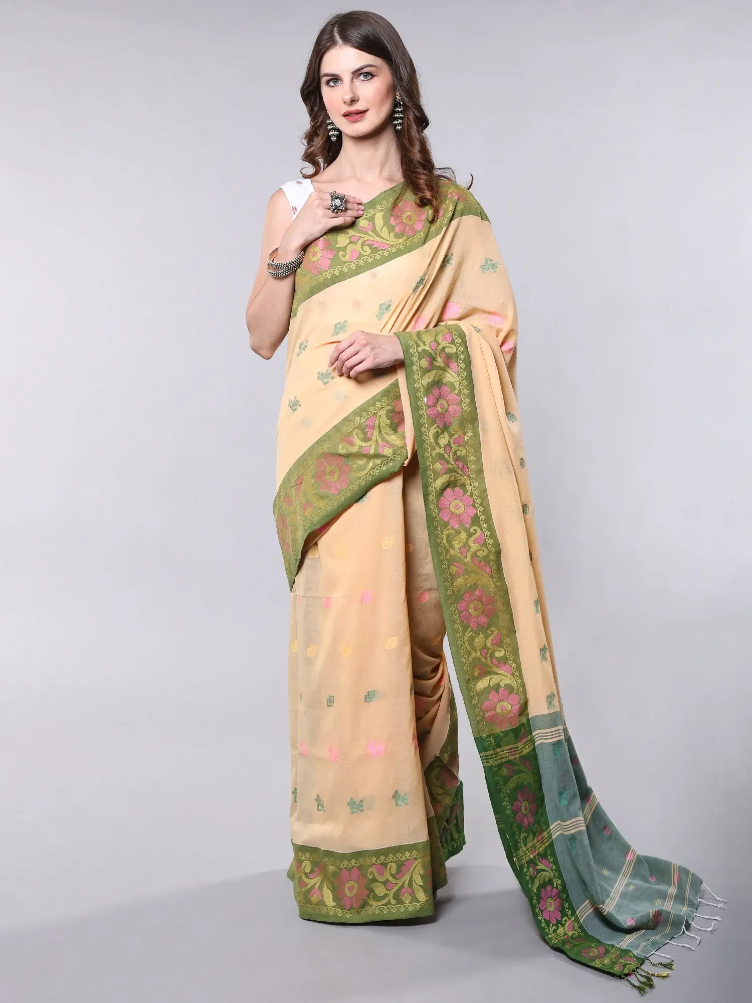 Mellow-Buff Cotton Saree with All-Over Woven Bootis and Flower Border from Bengal