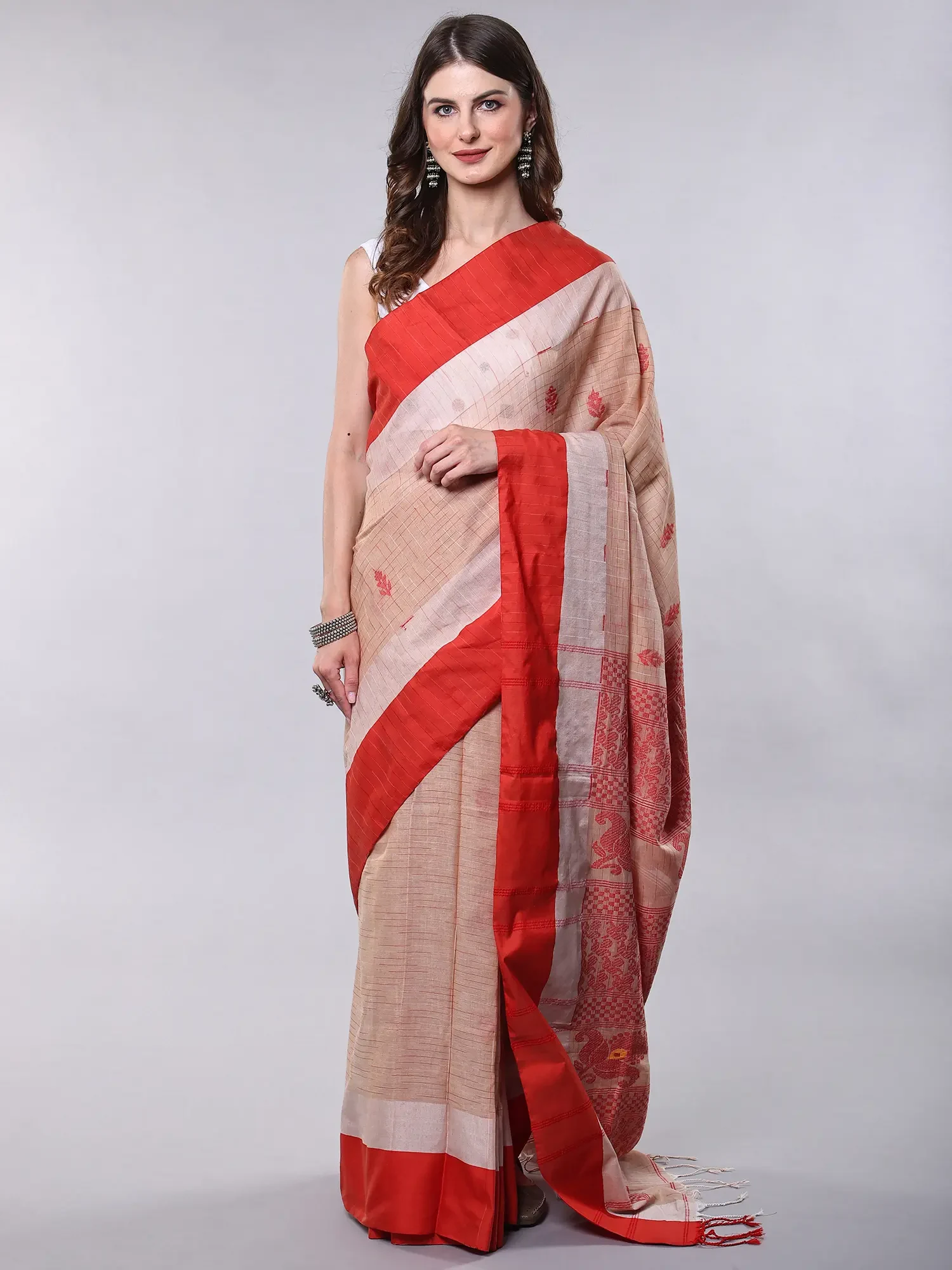 Shifting-Sand Pure Cotton Handloom Saree with All-Over Checks Weave and Flowers from Bengal