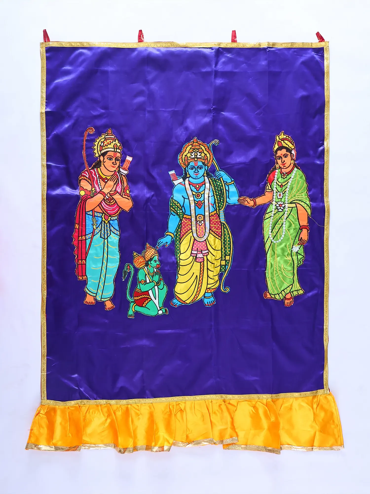 Mazarine-Blue Shri Ram Darbar Auspicious Temple Curtain with Applique Work