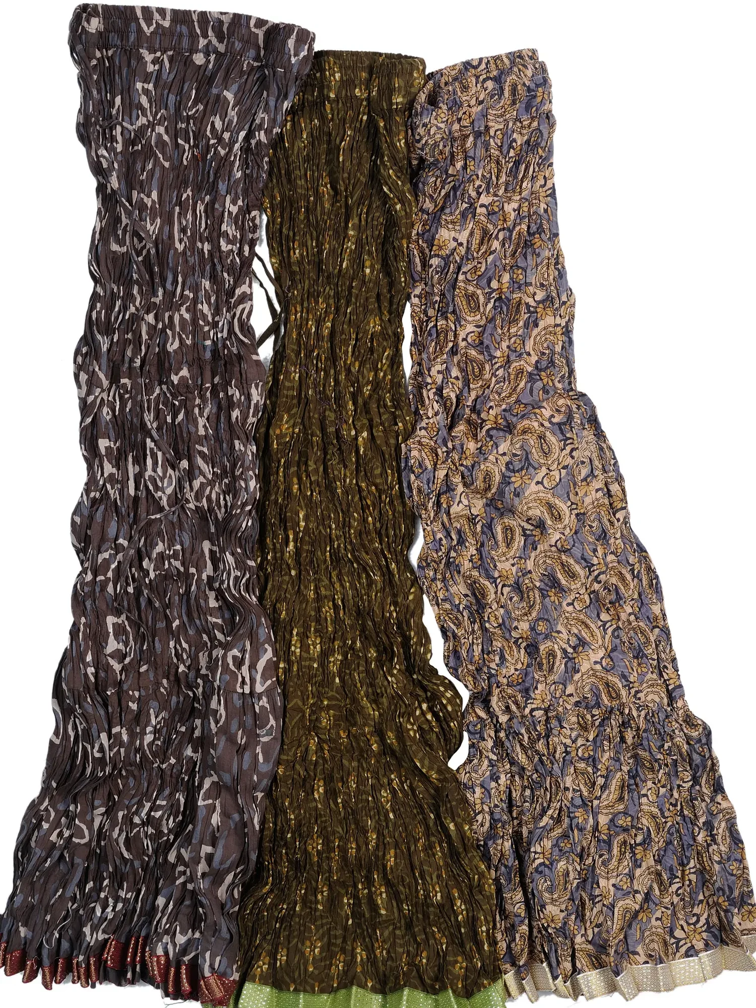 Lot of Three Crushed Ghagra Skirts Block-Printed with Vegetable Dyes and Patch Border