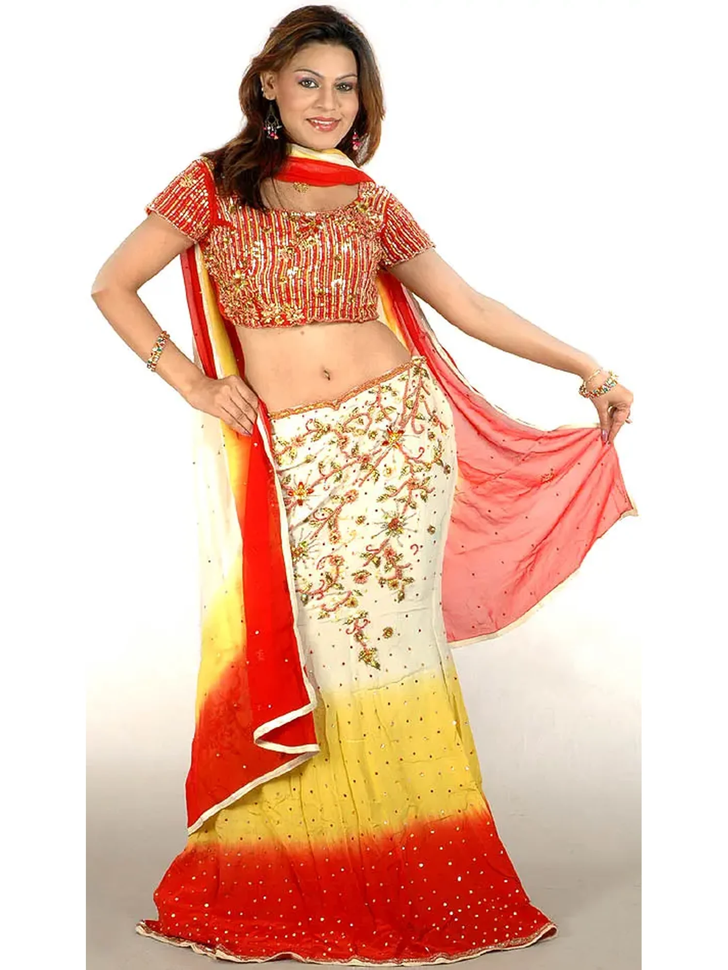 Tri-Color Lehenga Choli with All-Over Beadwork and Sequins
