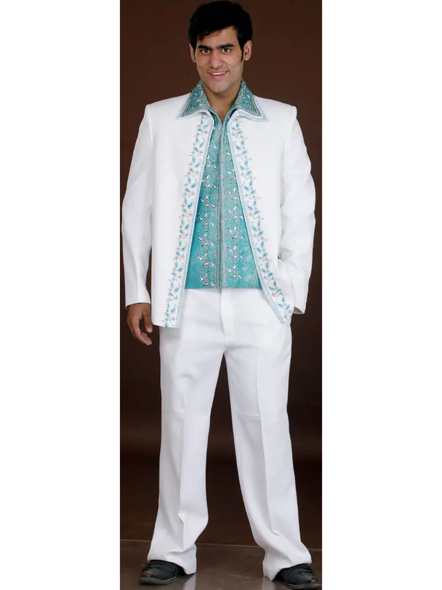 White and Turquoise Jodhpuri Three Piece Suit with Brocaded Inner Jacket