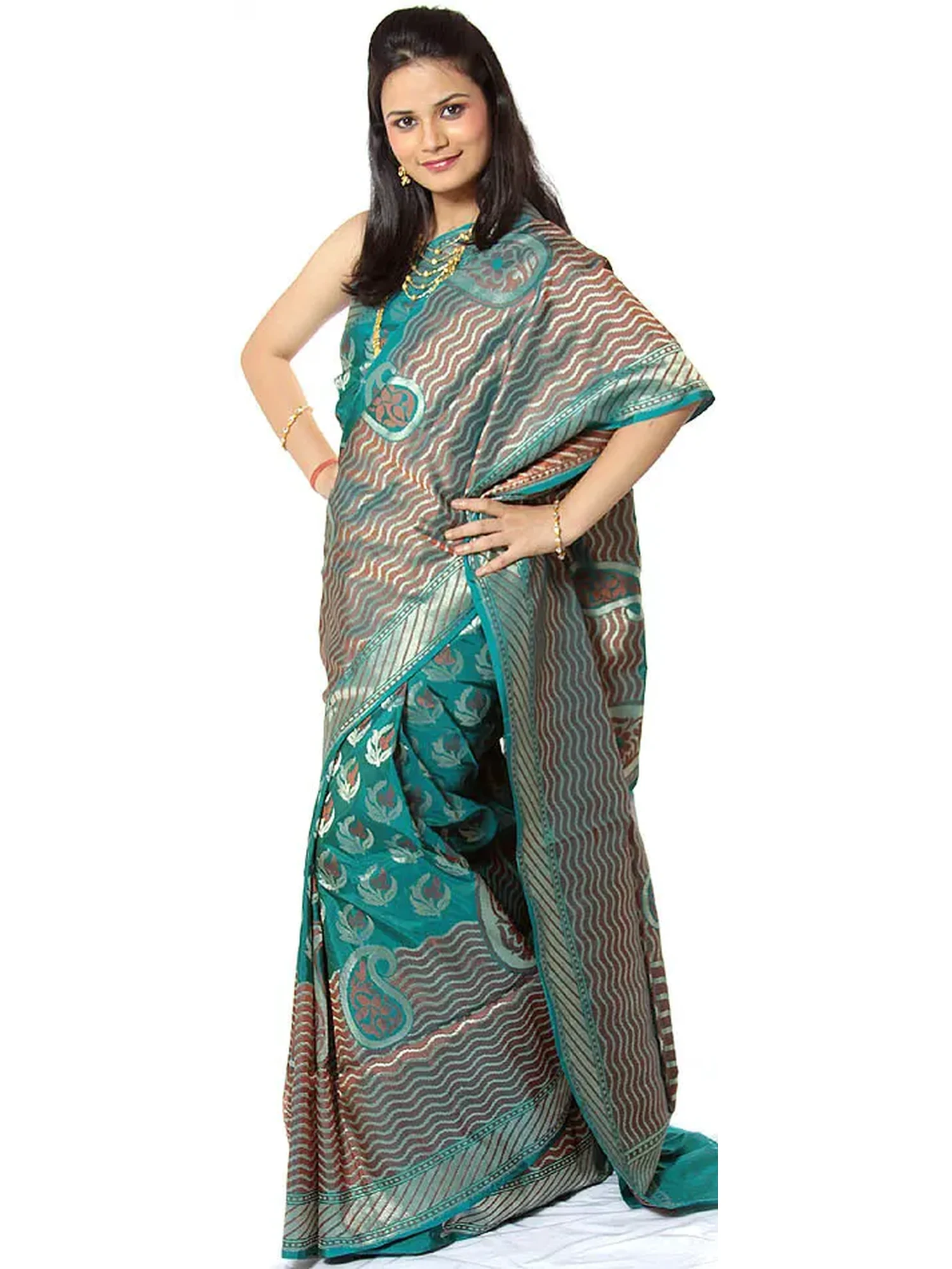 Teal Banarasi Sari with Paisleys Floating in Woven Tides