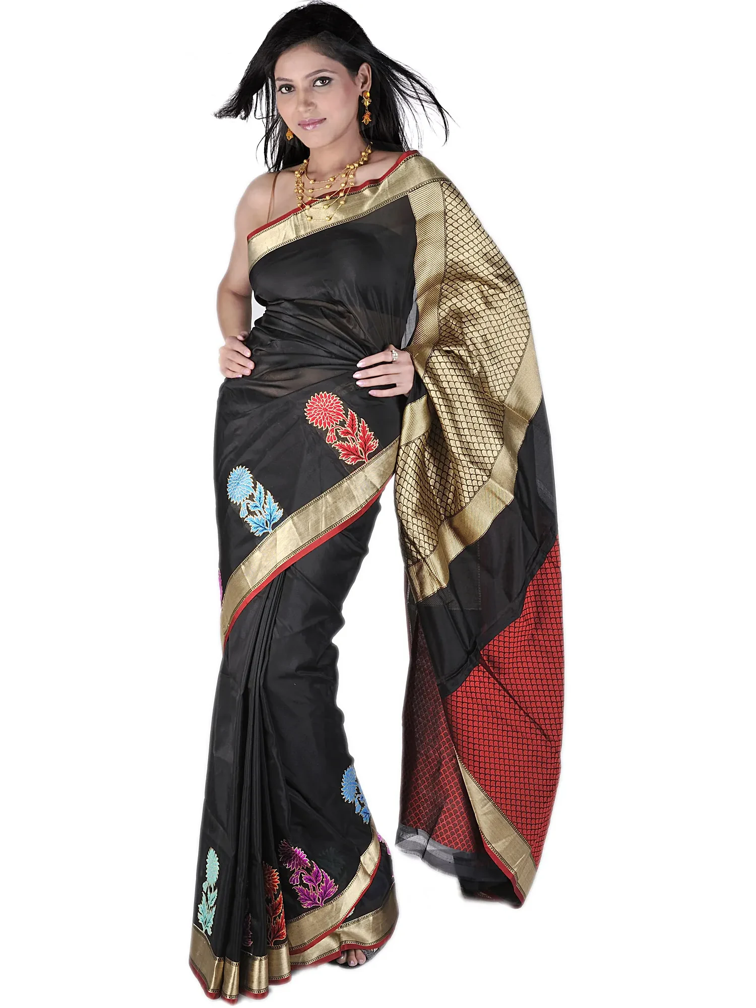 Black Banarasi Handloom Saree with Woven Flowers on Border and Brocaded Aanchal