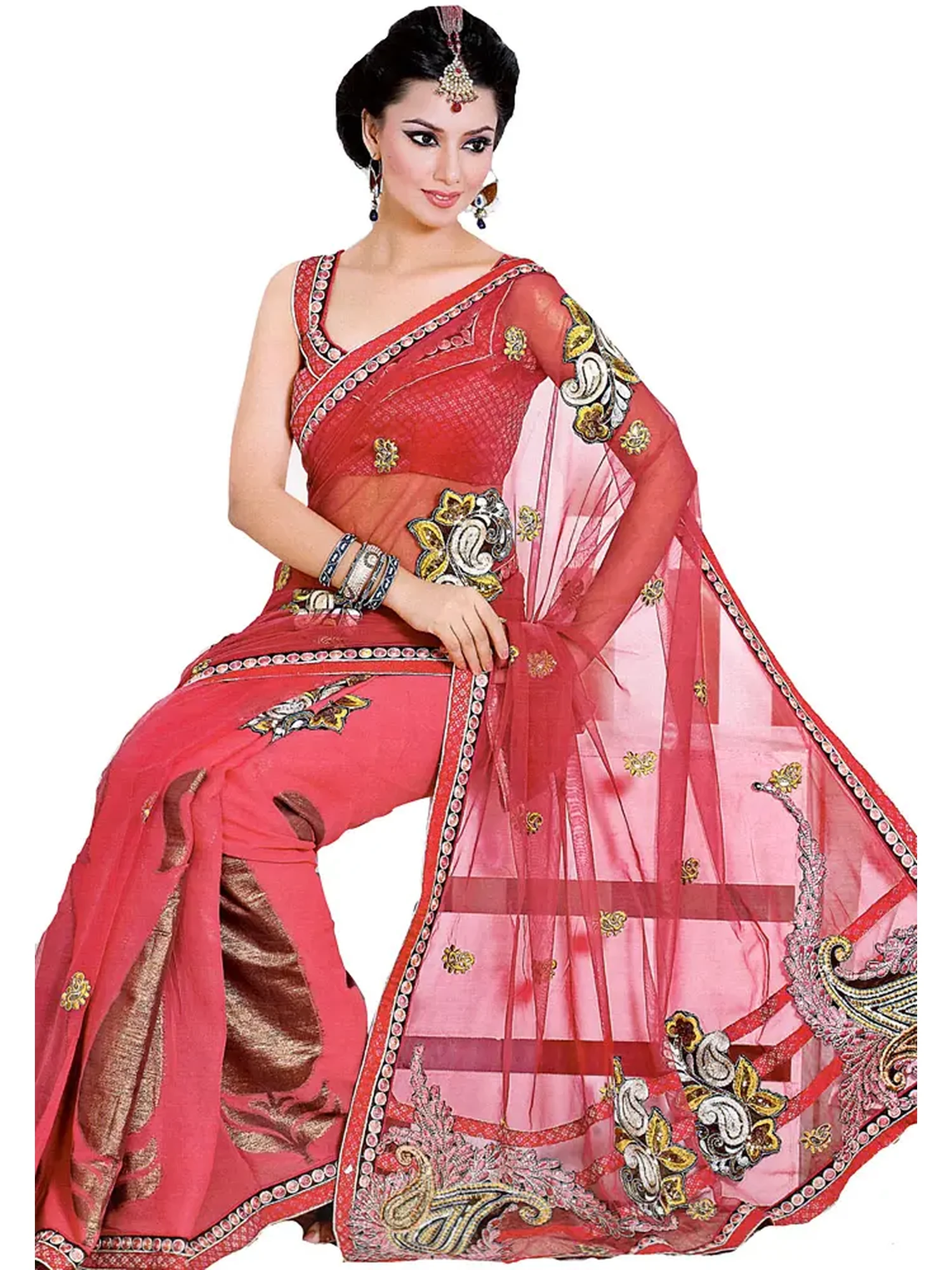 Holly-Berry Sari with Metallic Thread Embroidered Paisleys and Sequins