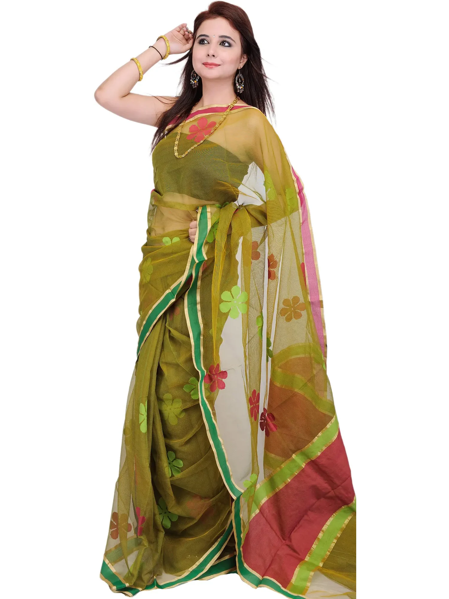 Cress-Green Sari with Woven Flowers with Plain Border