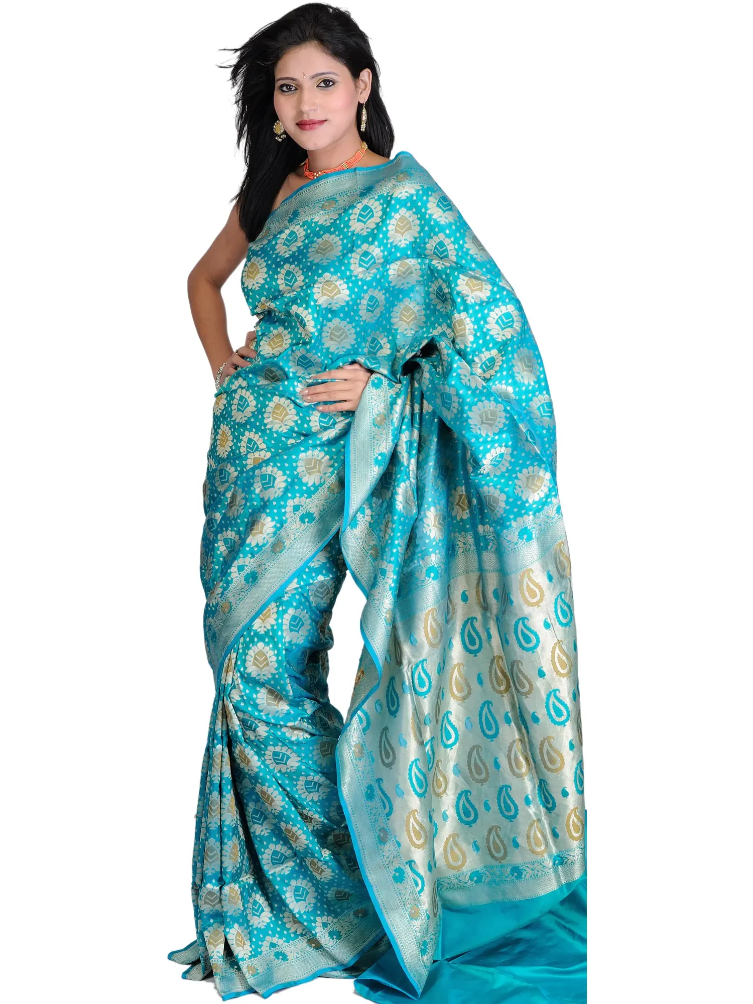 Viridian-Green Jamdani Sari from Banaras with Woven Flowers All-Over