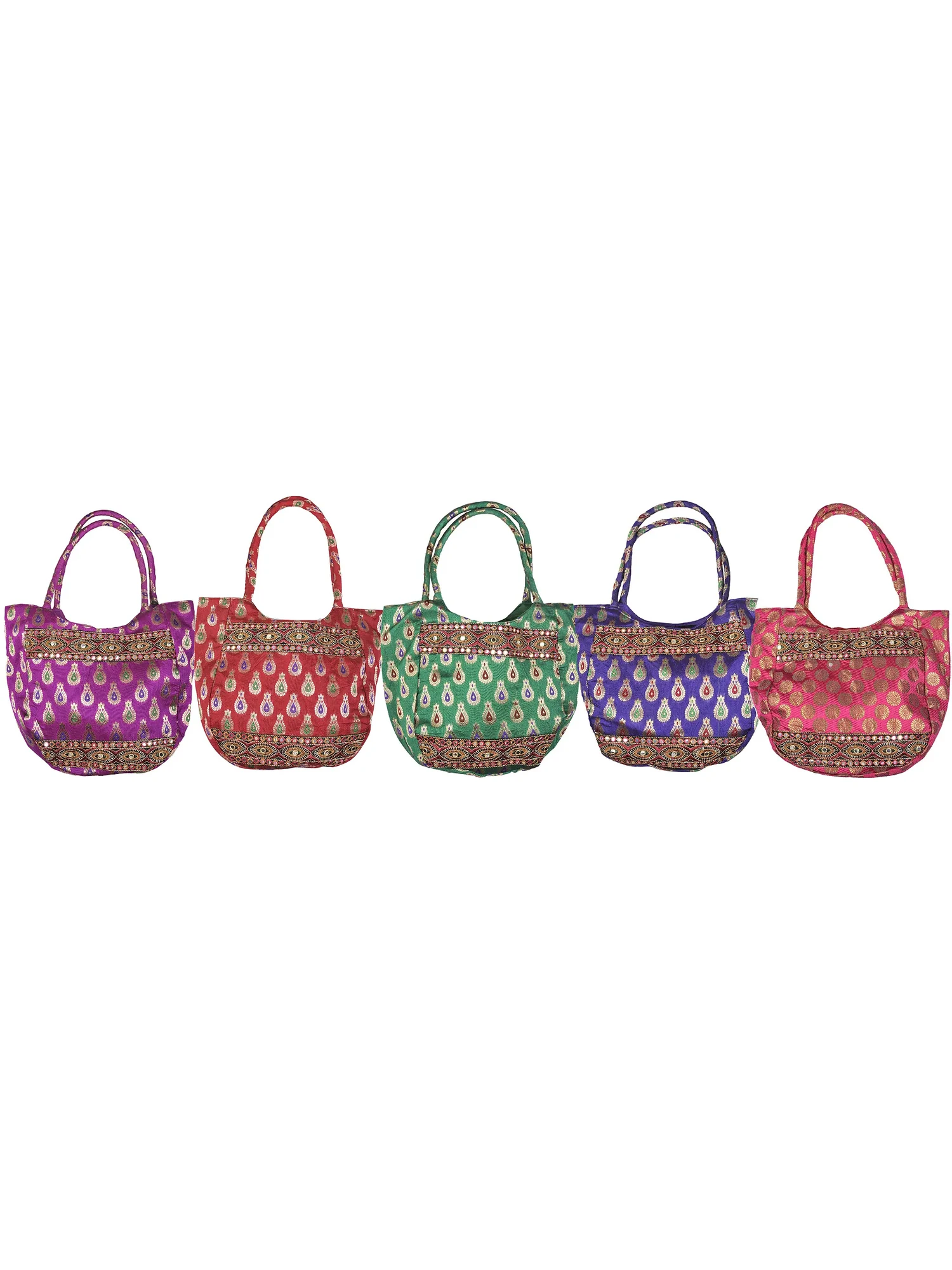 Lot of Five Shopper Bags with Brocade Weave and Embroidered Patch Border