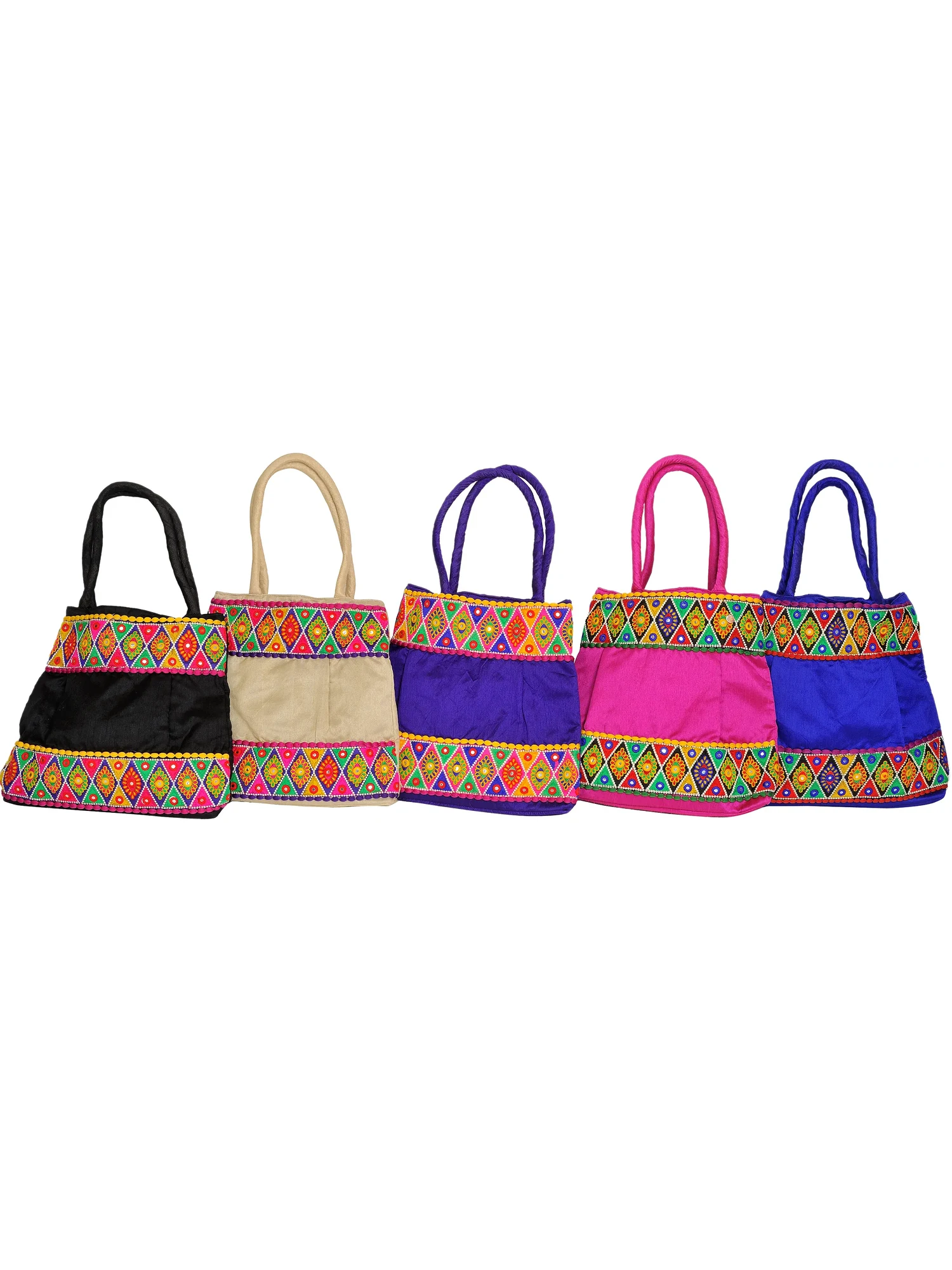 Lot of Five Plain Shopper Bag with Embroidered Floral Patch Border
