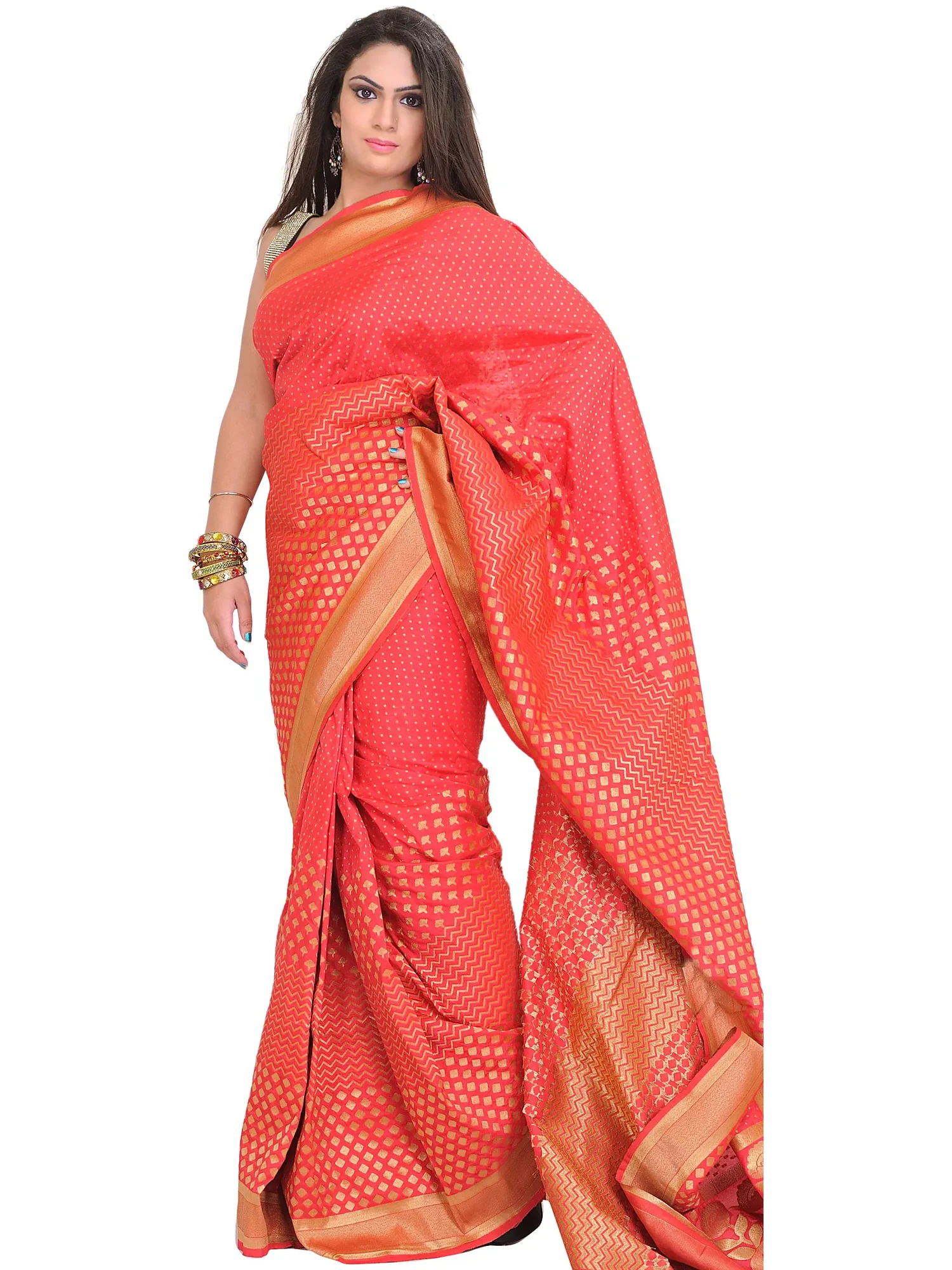 Rouge-Red Saree from Banaras with Woven Bootis in Zari Thread