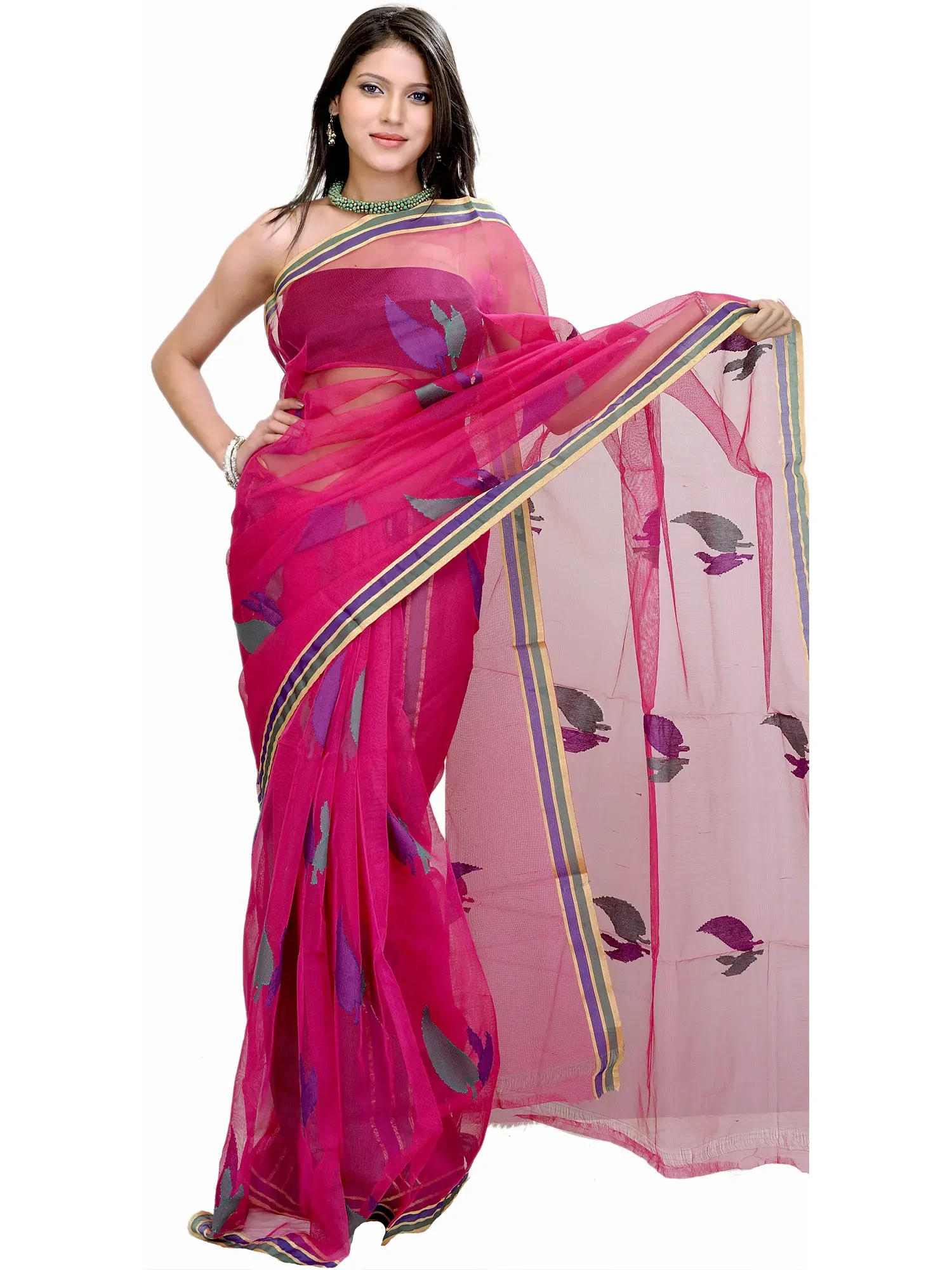 Lilac-Rose Saree from Banaras with Woven Leaves All-over