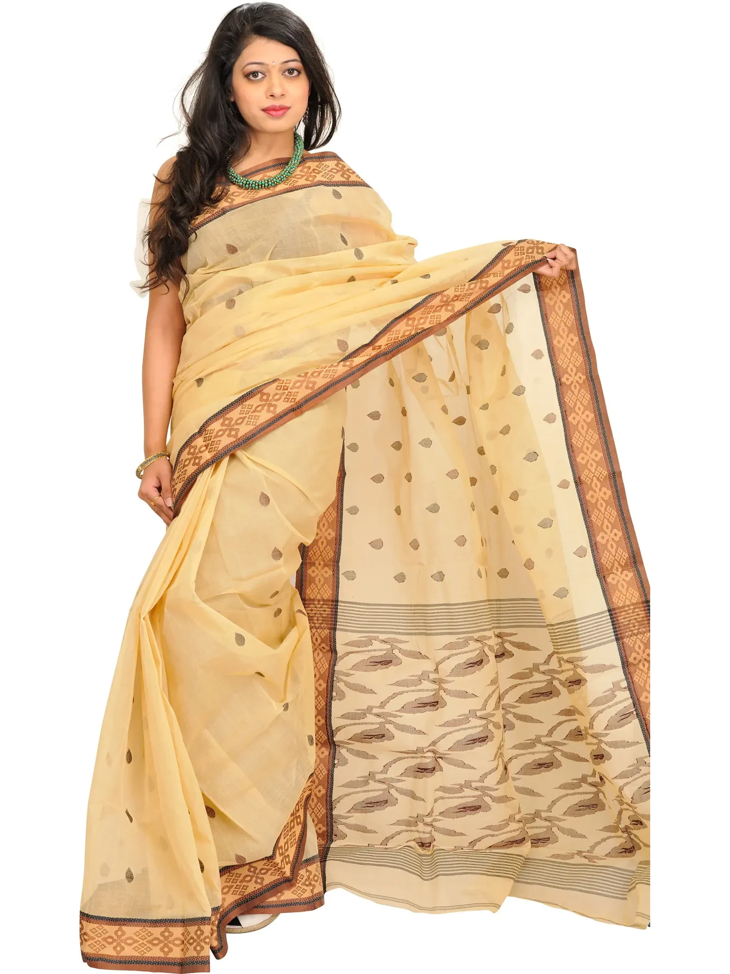 Italian-straw Saree from Bengal with Woven Border and Bootis all over
