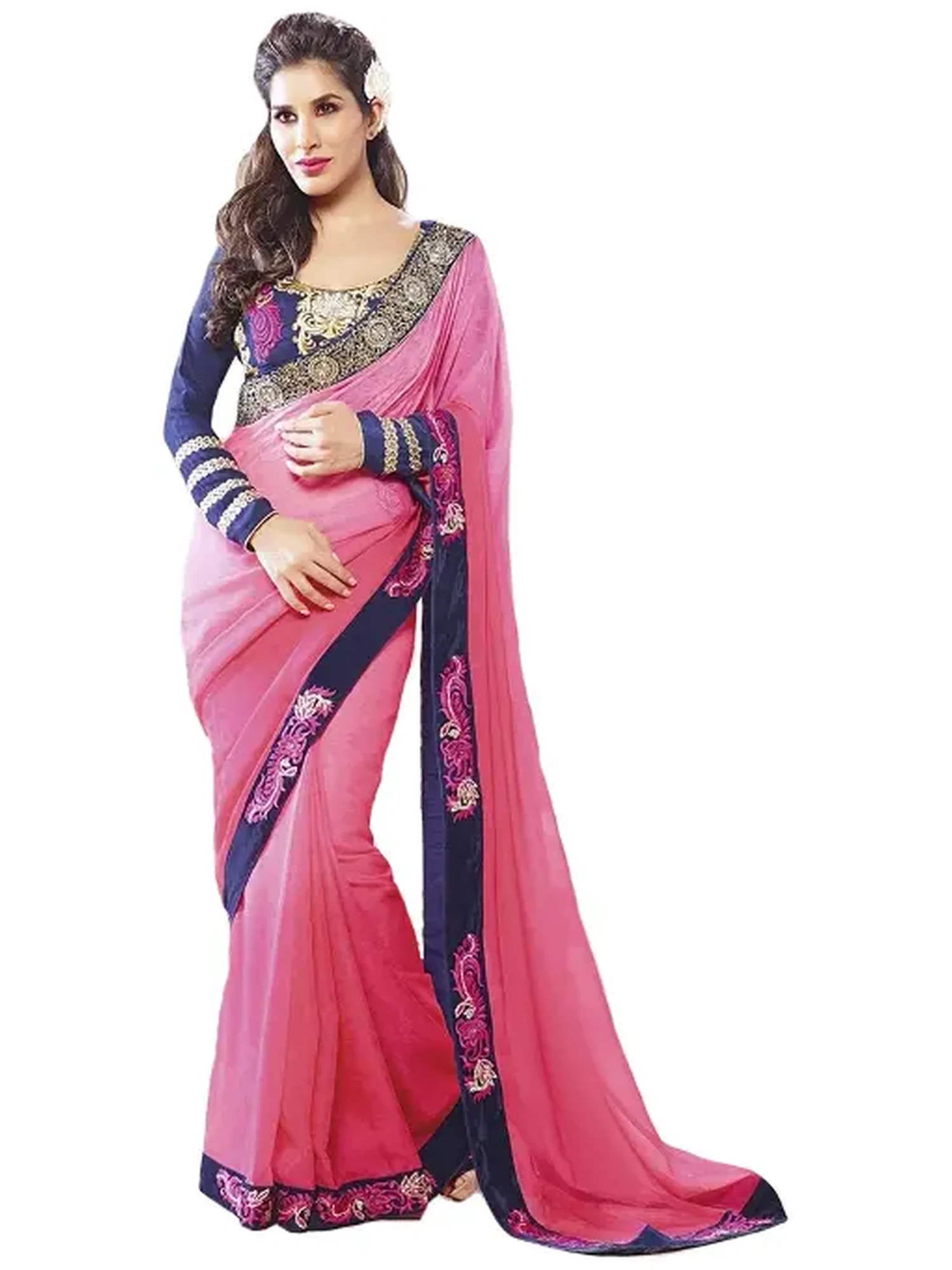 Pink and Dark-Blue Designer Sari with Zari-Embroidered Floral Patch Border and Crystals