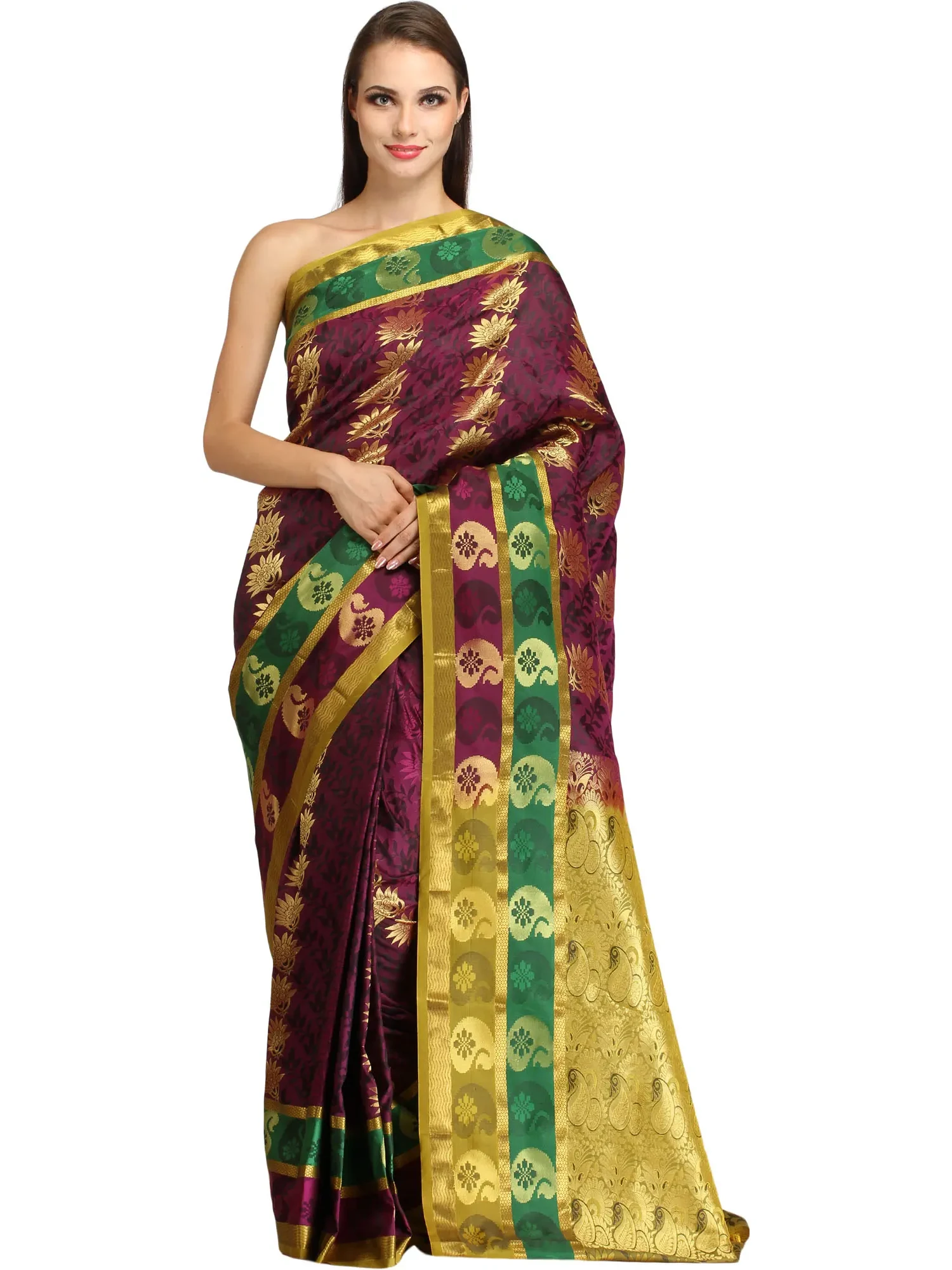Dark-Purple and Golden Self Weave Saree from Bangalore with Zari-Woven Flowers and Brocaded Pallu