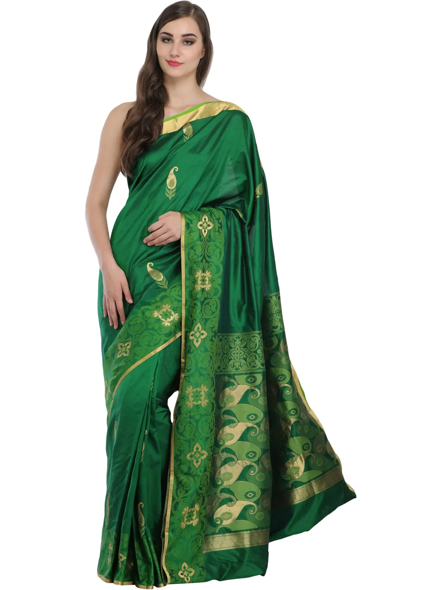 Fairway-Green Madhuri Sari from Bangalore with Woven Paisleys