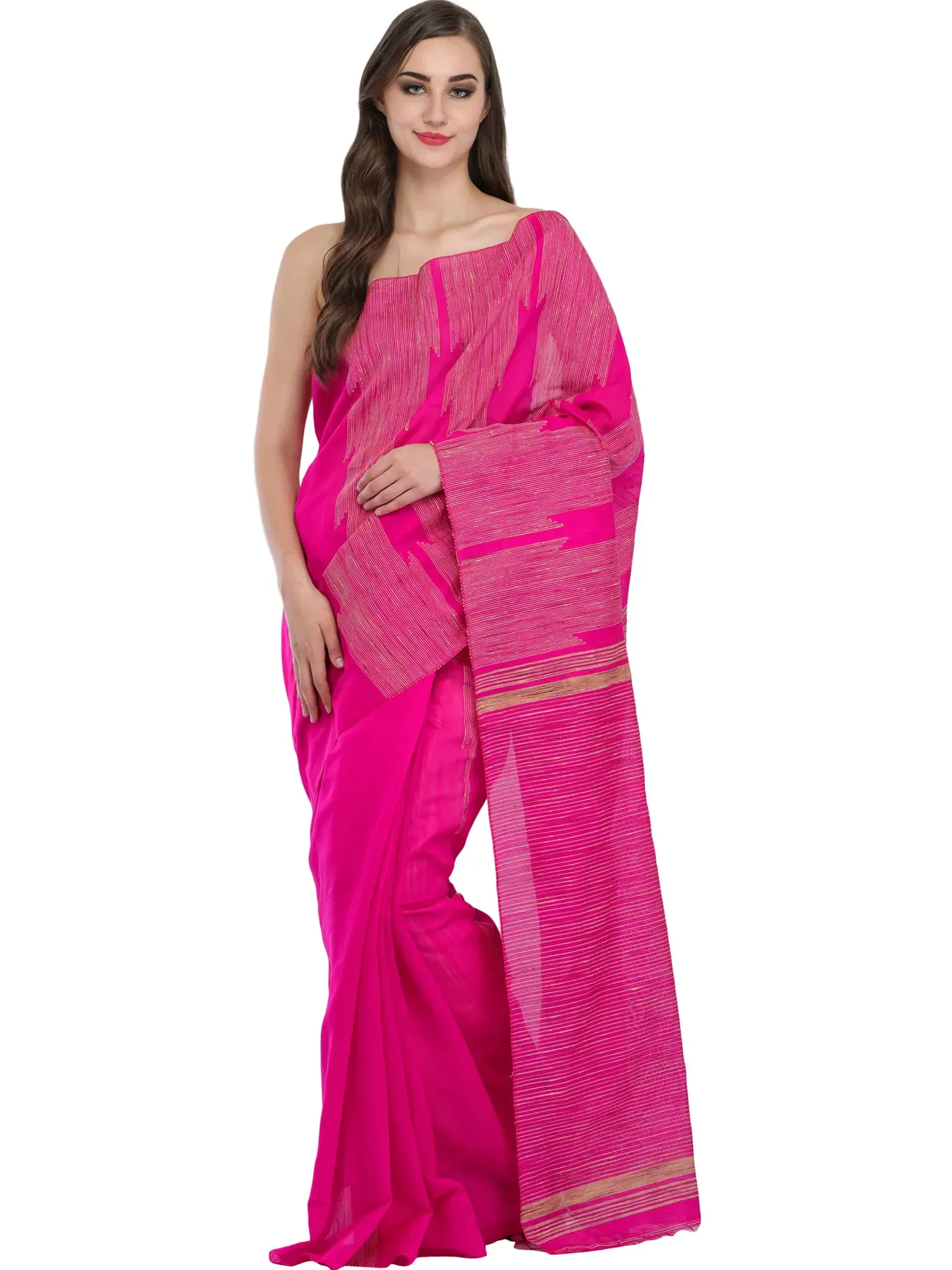 Vibrant-Pink Purbasthali Sari from Jharkhand with Woven Stripes
