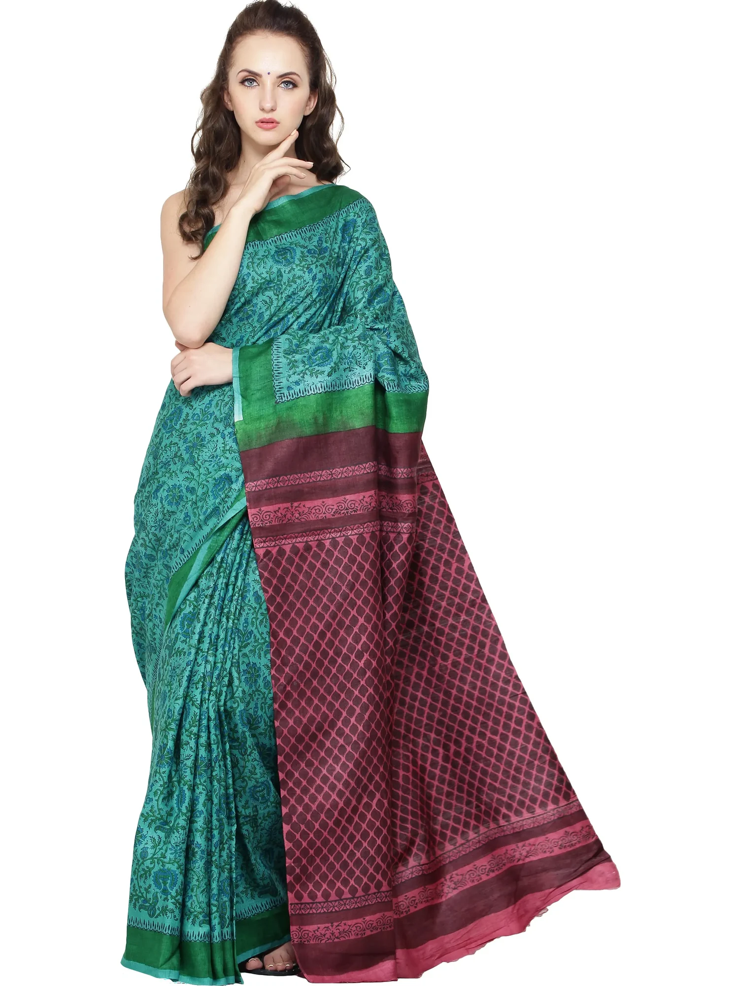 Marine-Green Block-Printed Sari from Madhya Pradesh with Florals All Over