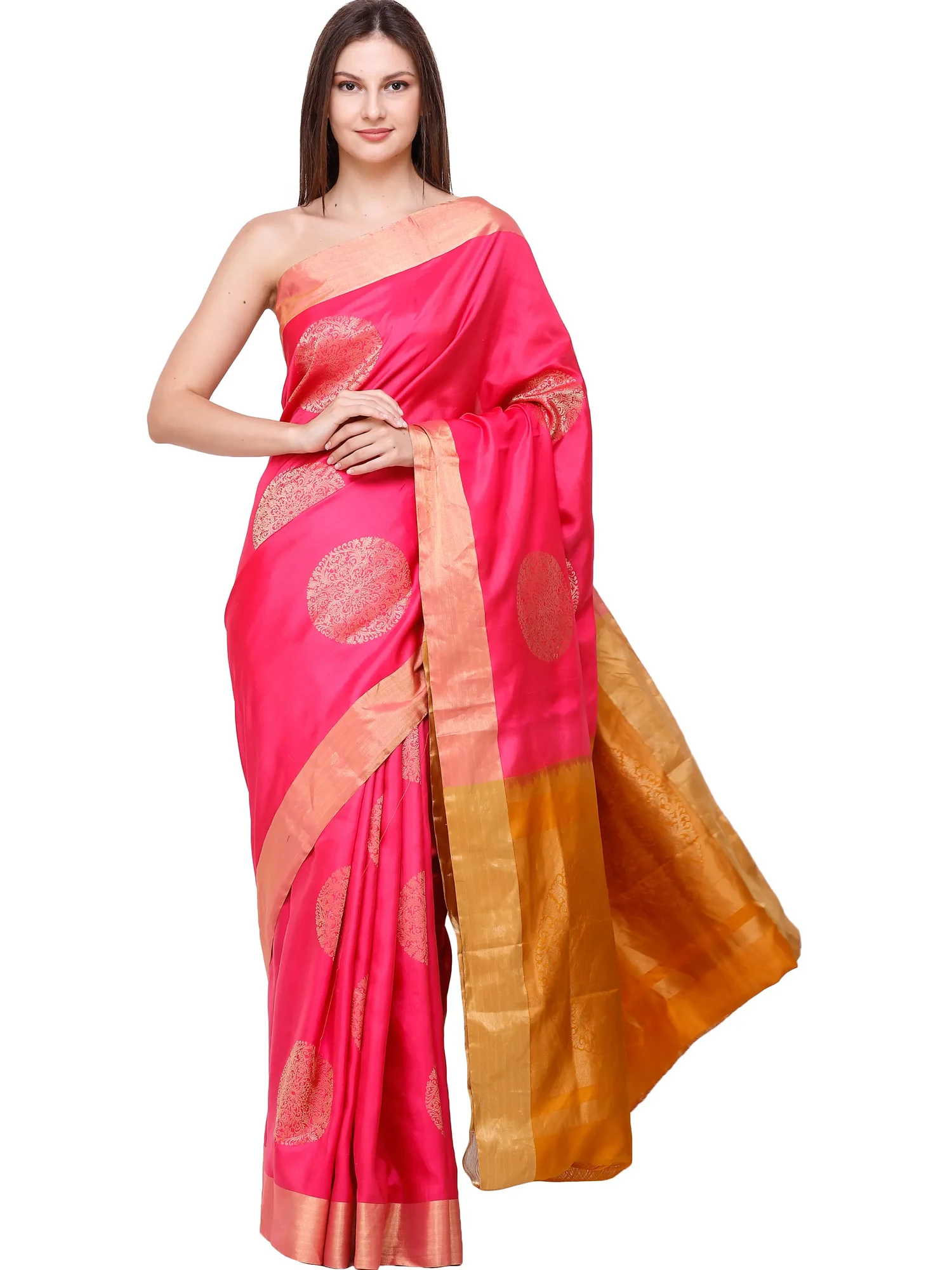 Raspberry-Pink Brocaded Uppada Sari from Bangalore with Hand-Woven Giant Bootis