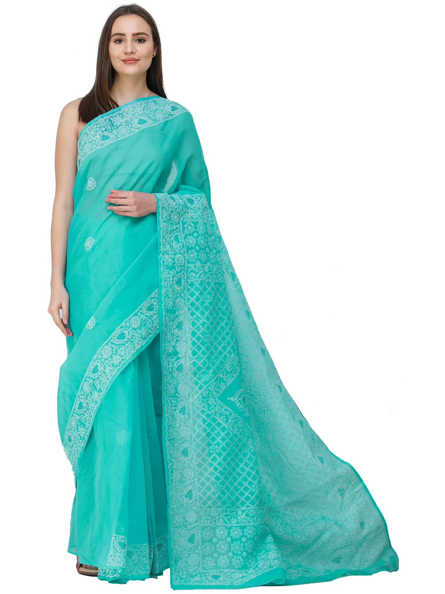 Bright-Aqua Saree from Lucknow with Chikan Hand-Embroidered Jaal