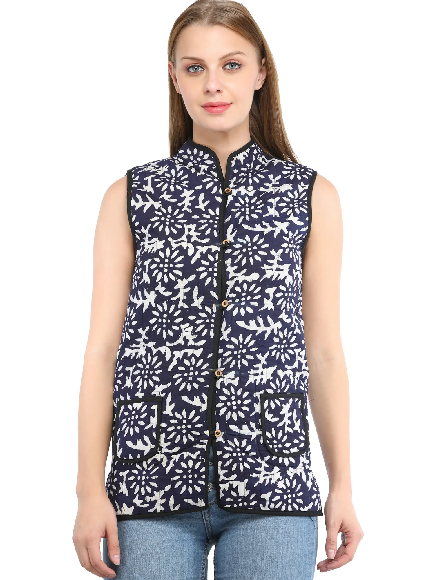 Twilight-Blue and White Reversible Jacket from Pilkhuwa with Printed Flowers