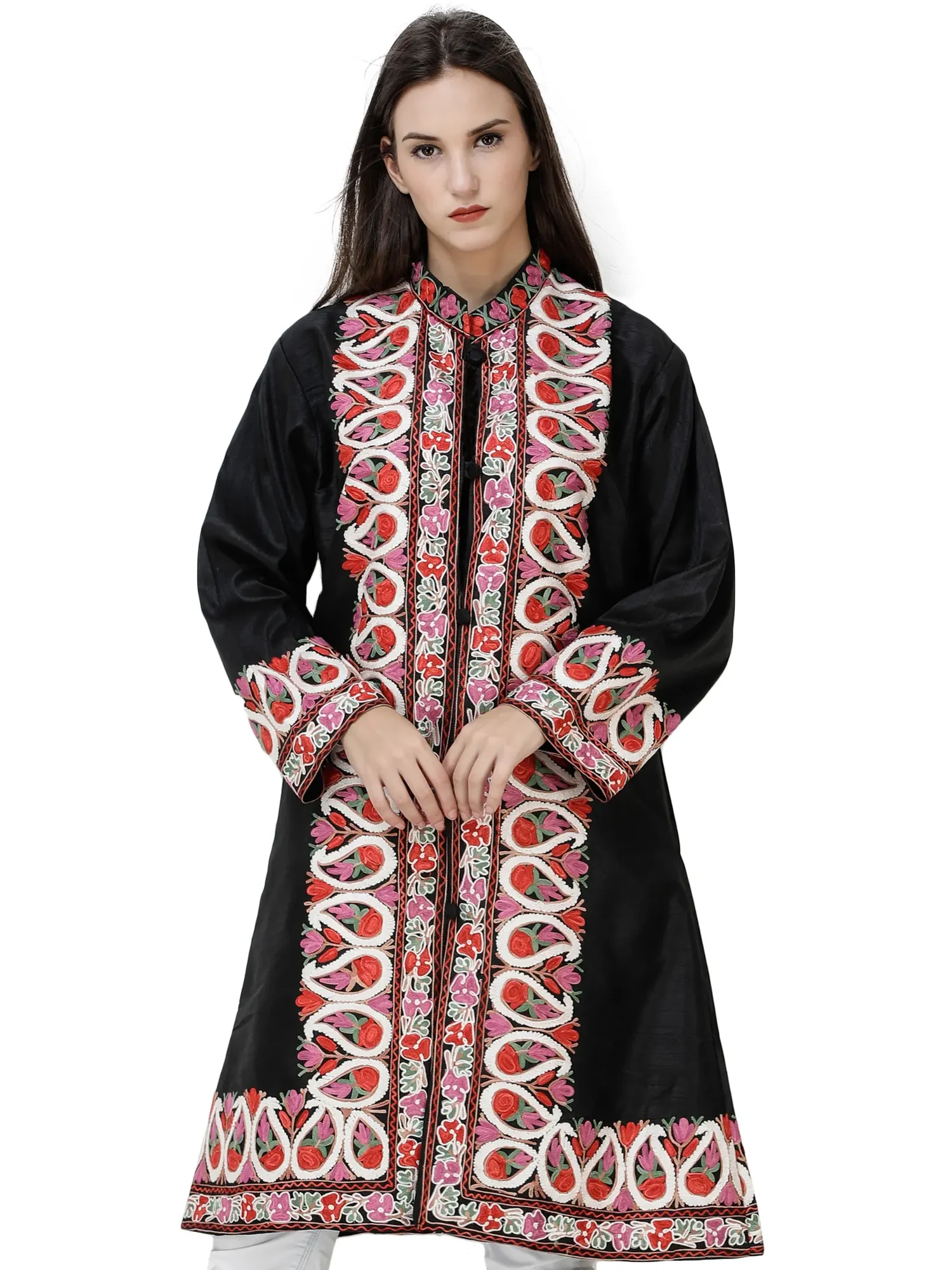Jet-Black Long Kashmiri Jacket with Embroidered Multicolor Flowers and Paisleys