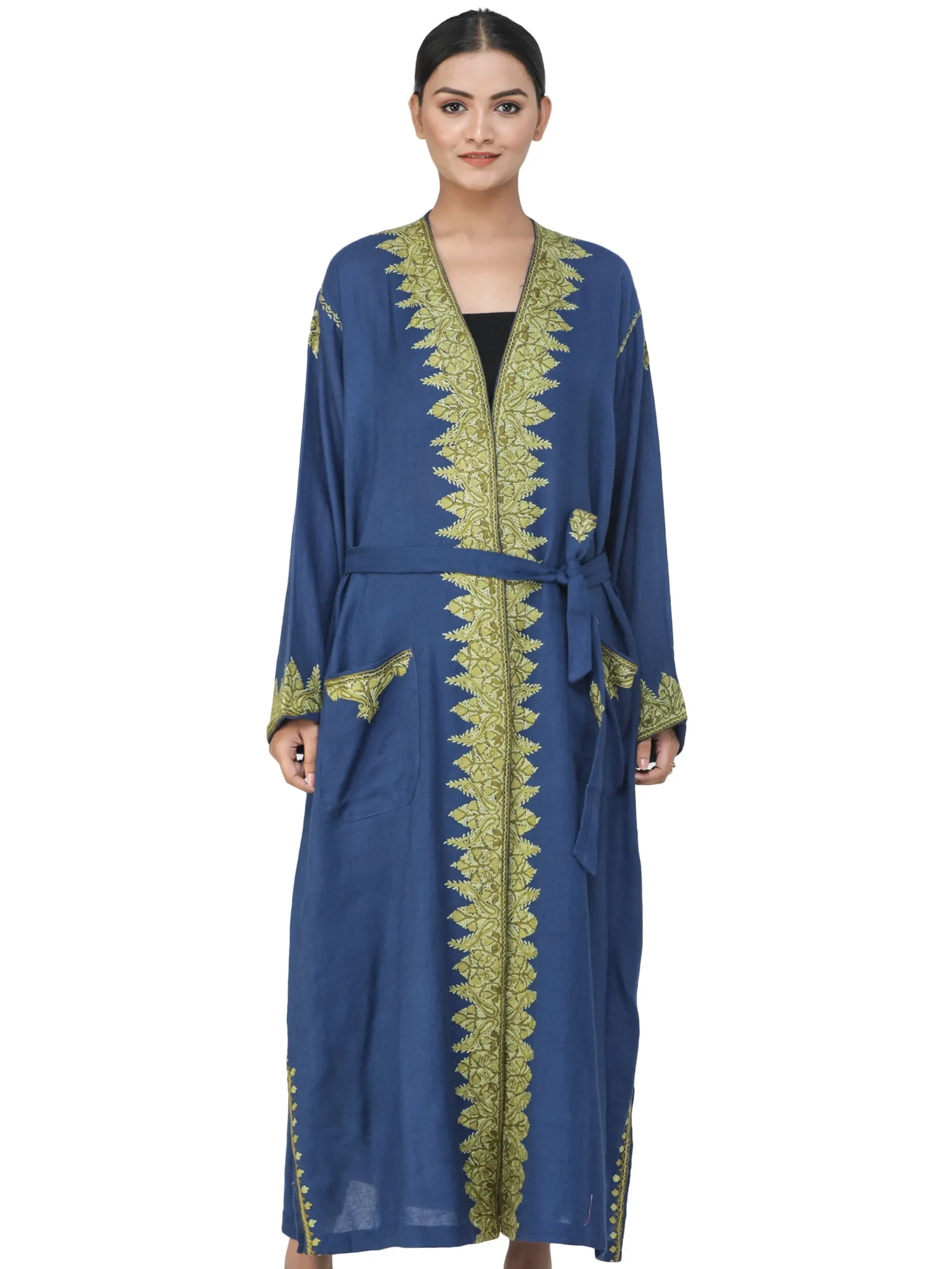 Riverside-Blue Kashmiri Robe with Aari Hand-Embroidered Floral Vines