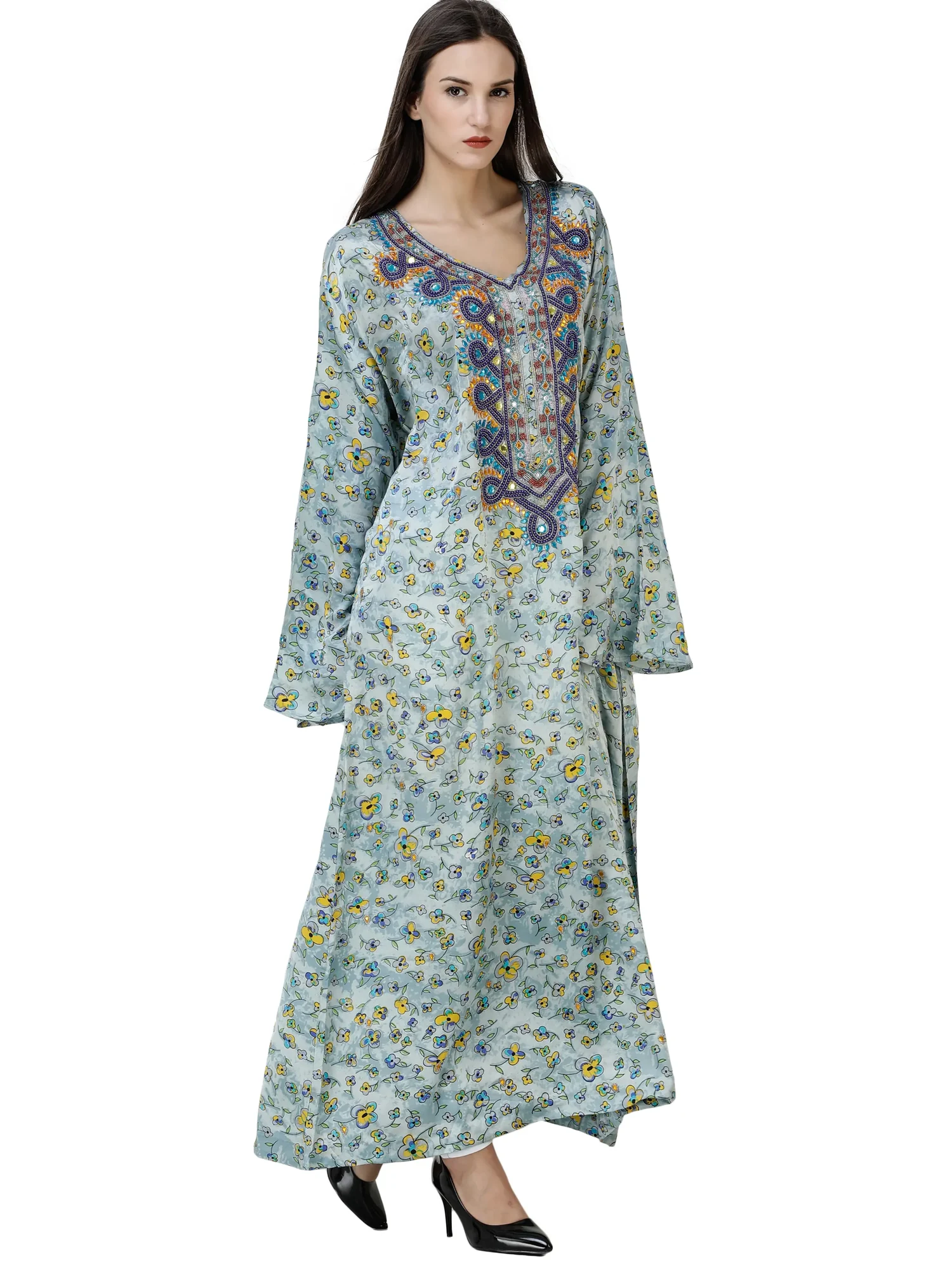 Blue-Fog Maxi Gown from Srinagar with Printed Flowers and Embellished Beads