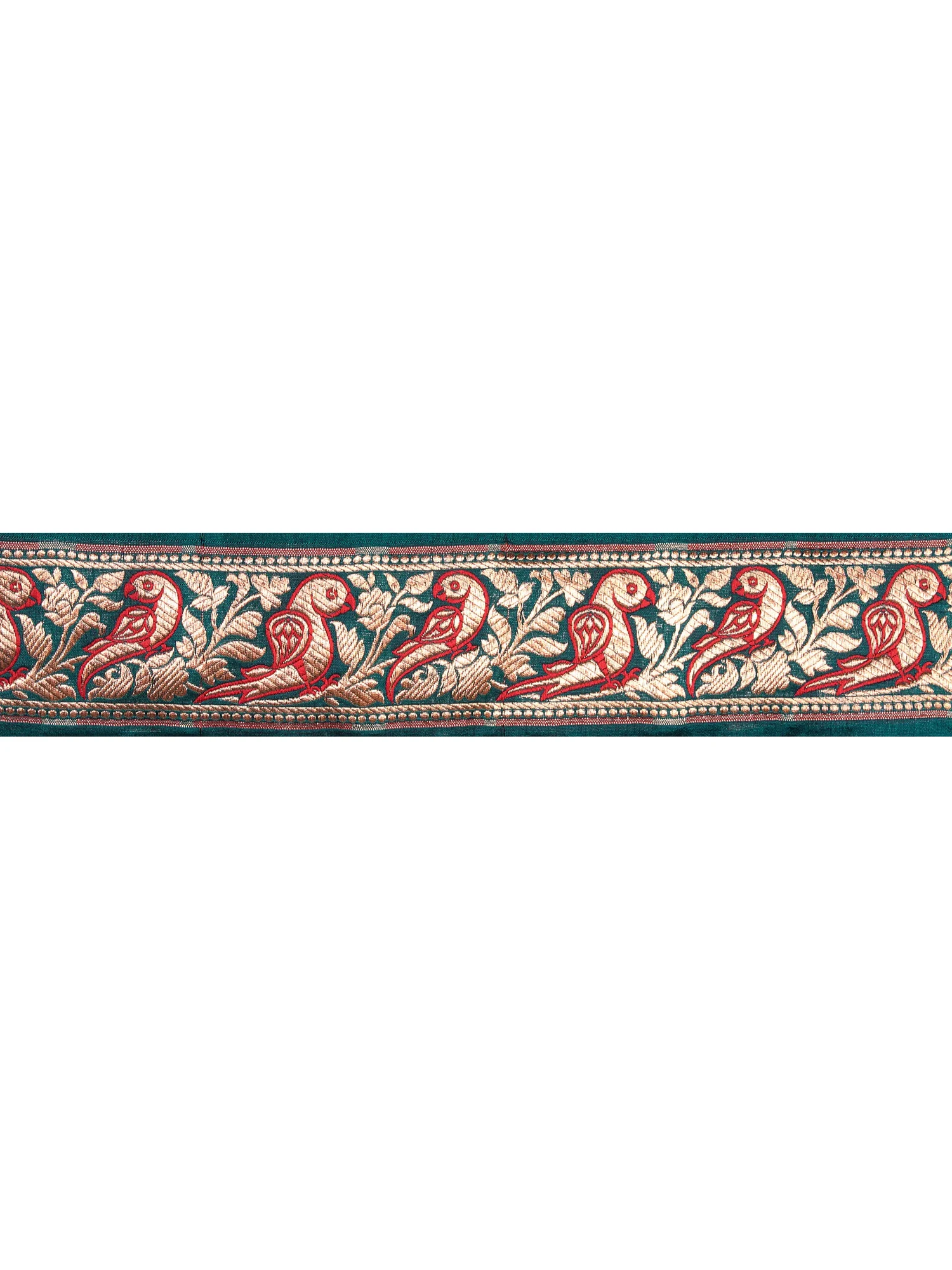 Green Banarasi Fabric Border with Woven Parrots in Golden Thread