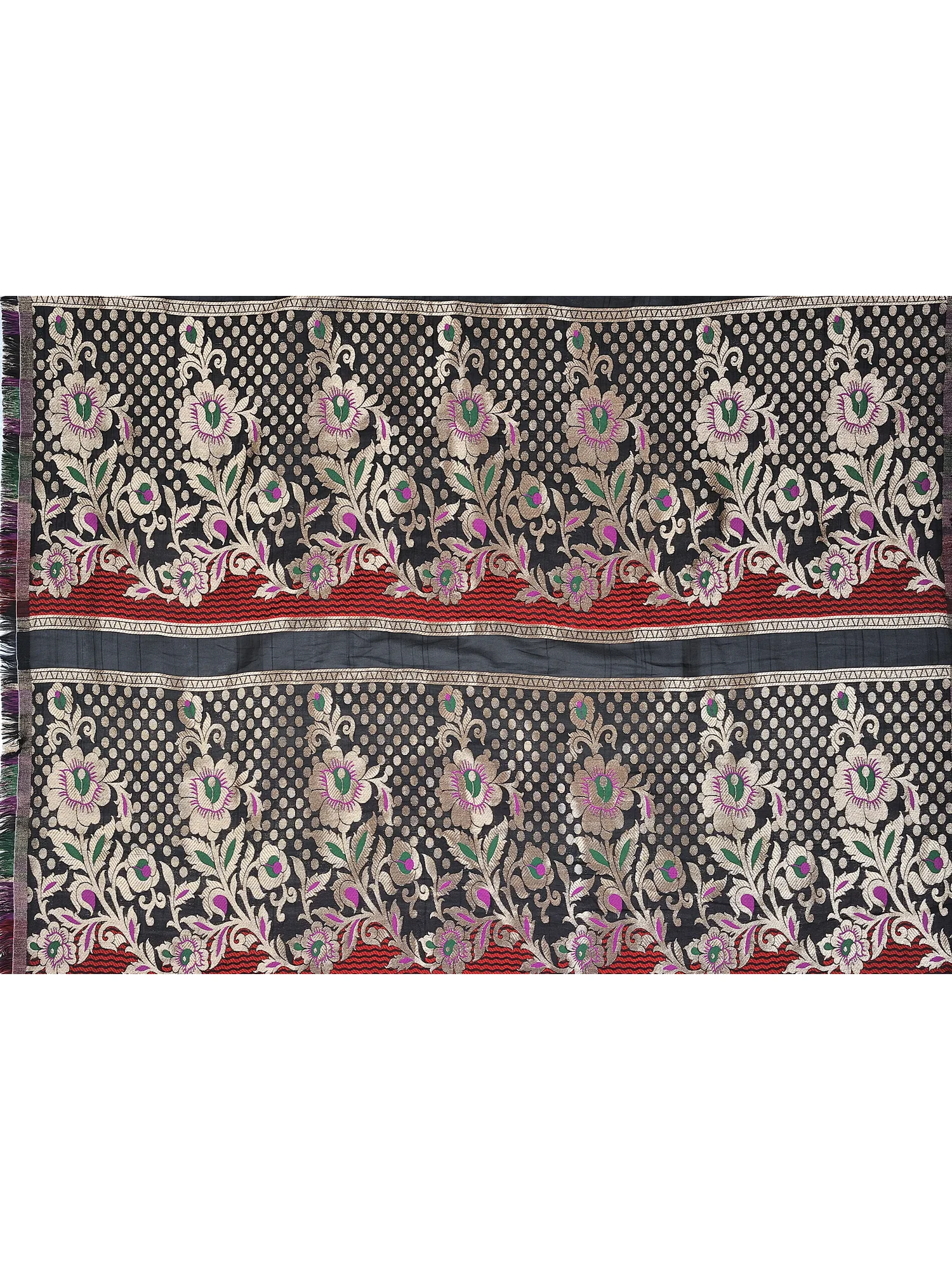 Black Banarasi Brocaded Fabric from Banaras with Woven Flowers and Polka Dots