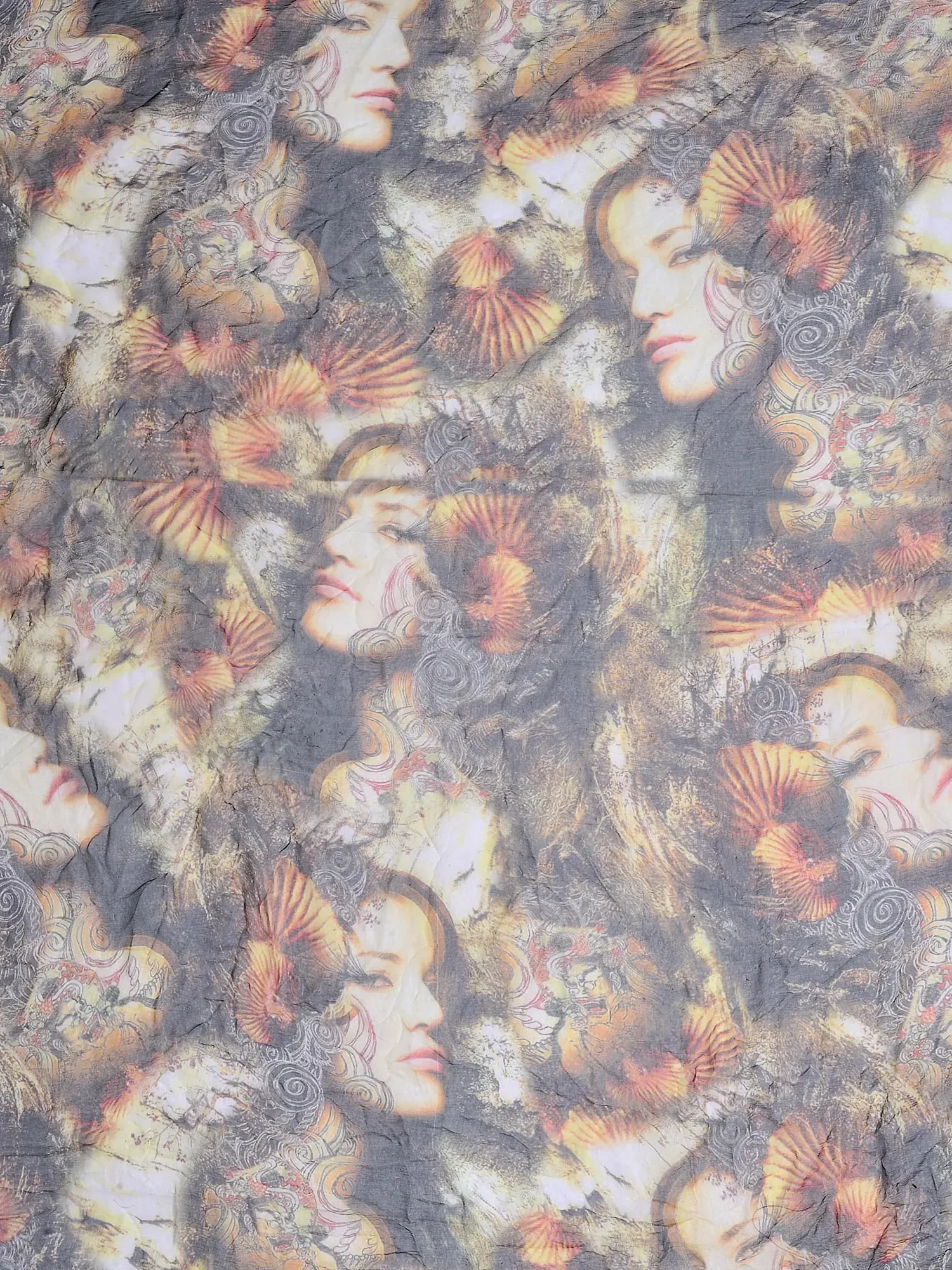 Beige and Black Fabric with Digital Printed Lady Figures