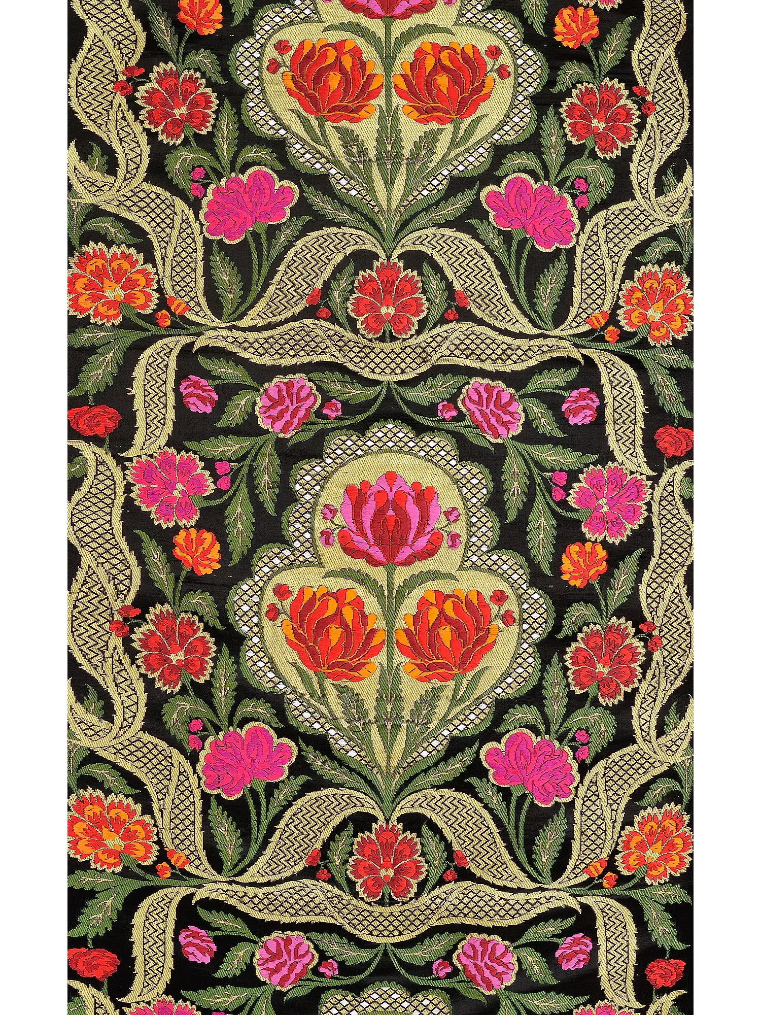 Jet-Black Brocade Fabric from Banaras with Hand-woven Lotuses