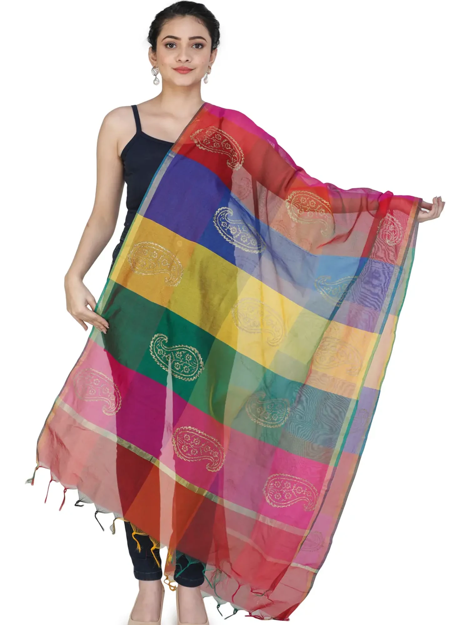 Multi-Color Rainbow Chanderi Dupatta with Printed Paisleys
