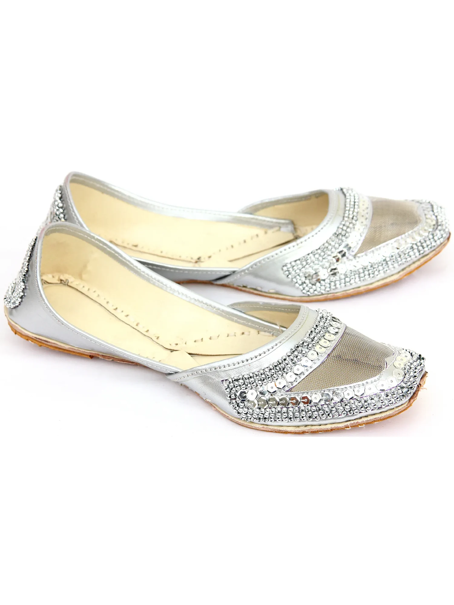 Silver-Color Mojaris with Net, Sequins and Beadwork