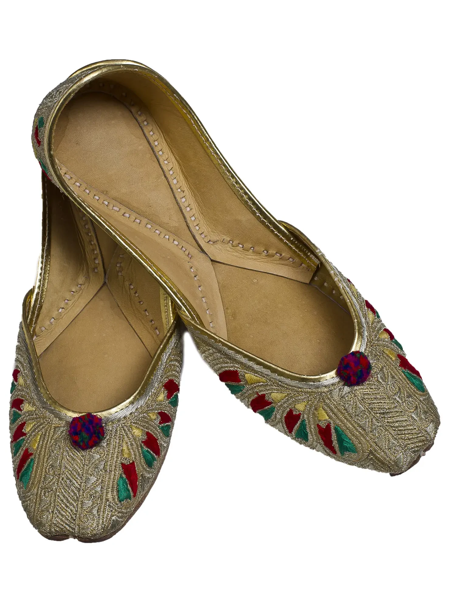 Beige Phulkari Jooties from Punjab with Silver Aari Embroidery