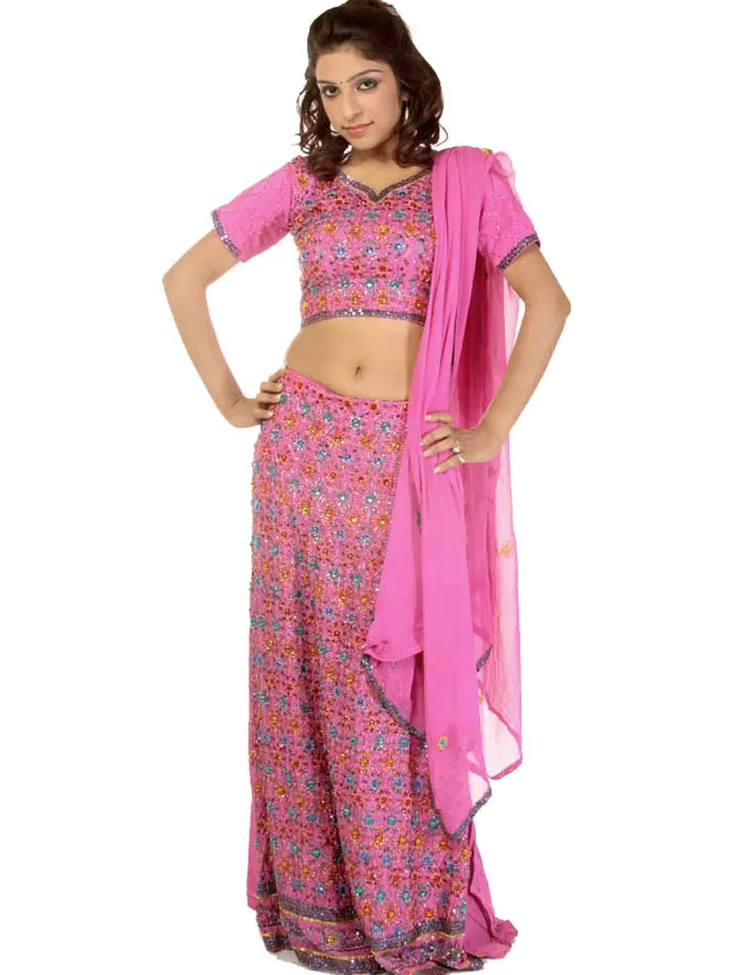 Respberry-Rose Wedding Lehenga Choli with Beadwork by Hand All-Over