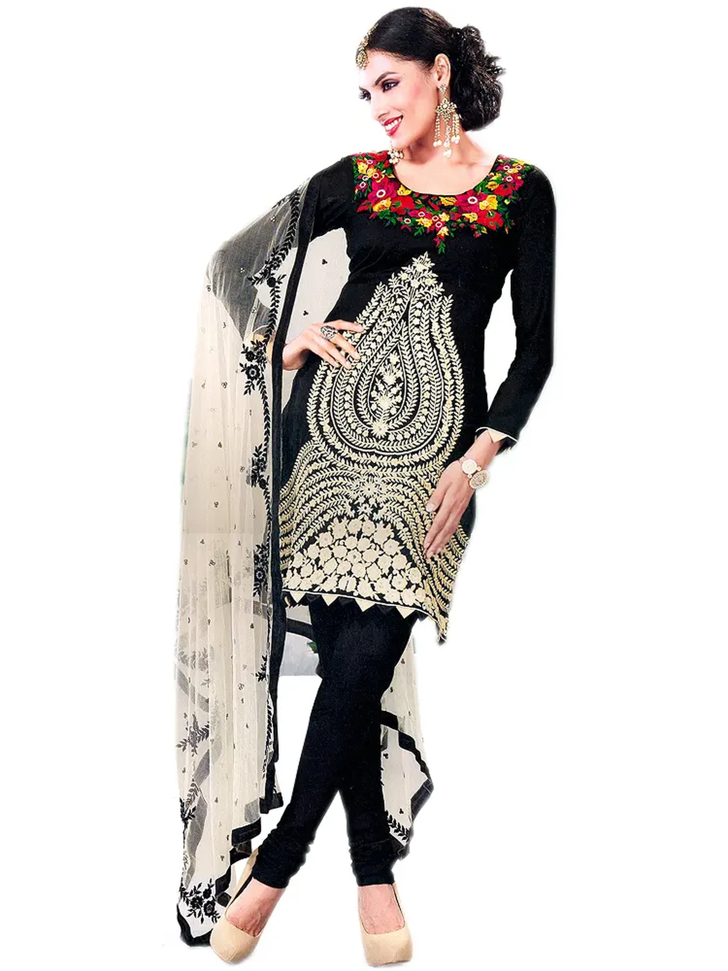 Black Churidar Kameez Suit with Embroidered Flowers in Ivory Thread