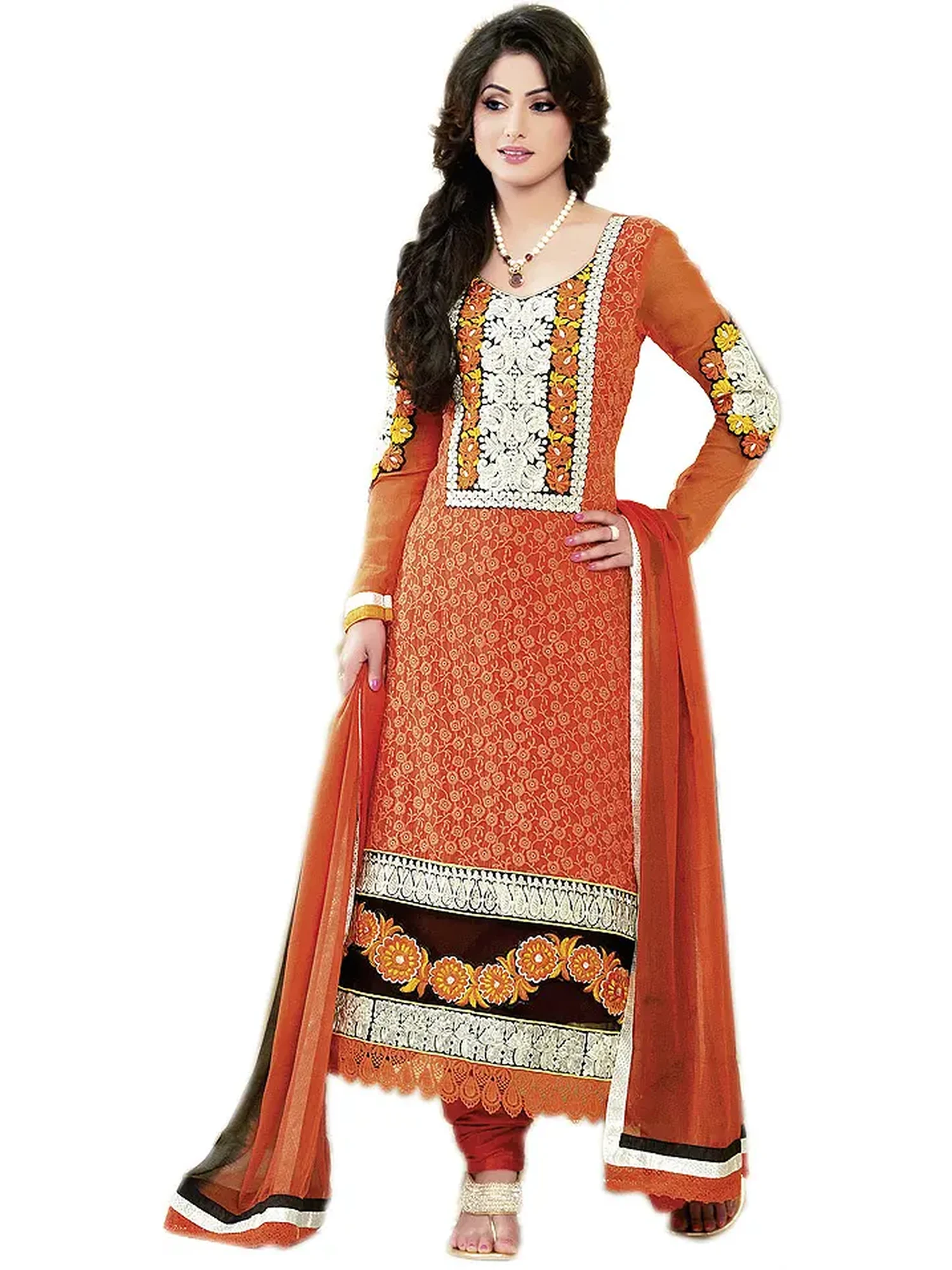 Orange Churidar Suit with Aari Embroidered Bootis and Patchwork