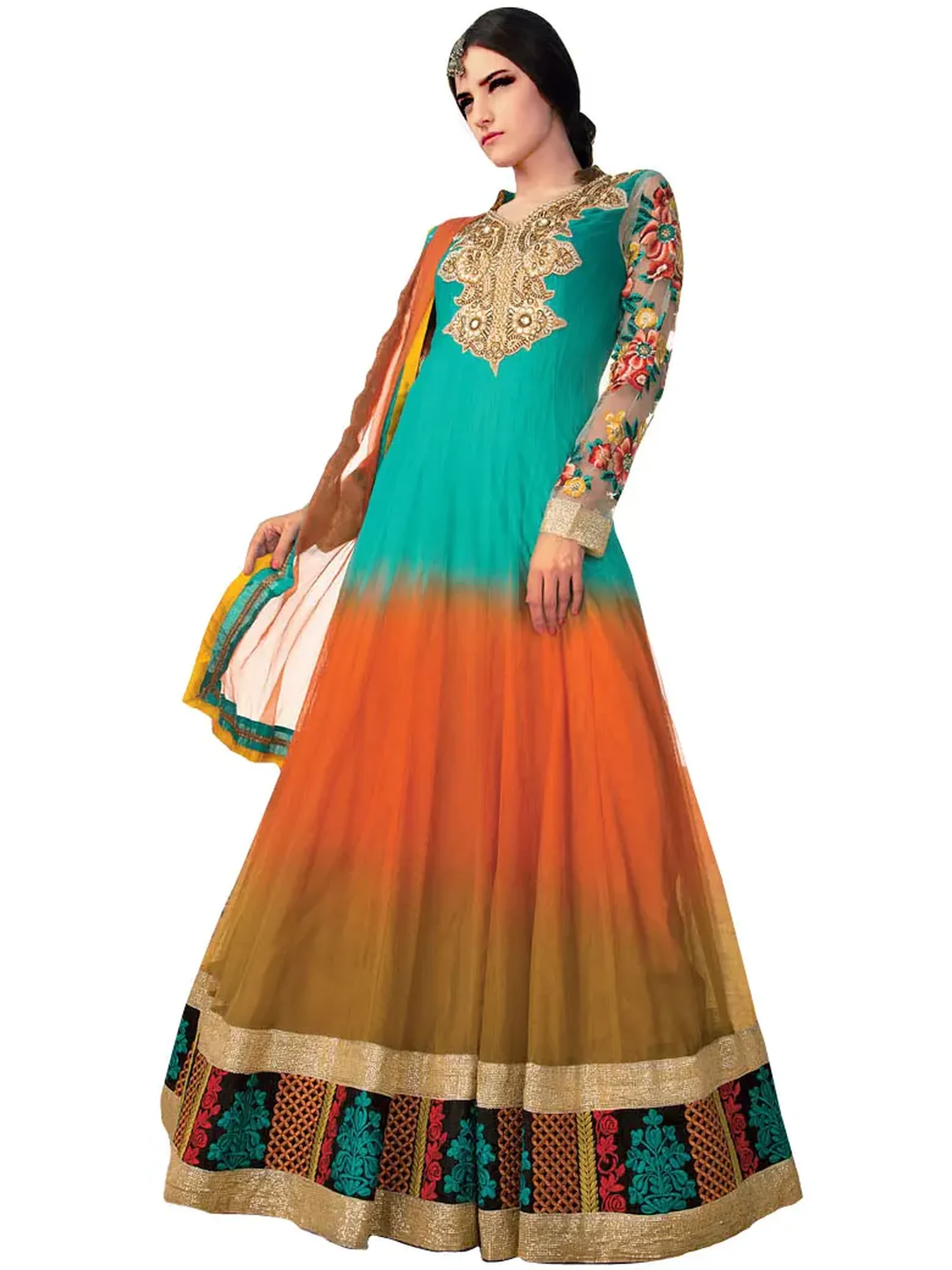Tri-Color Bridal Anarkali Suit with Crewel Embroidery and Patch Border