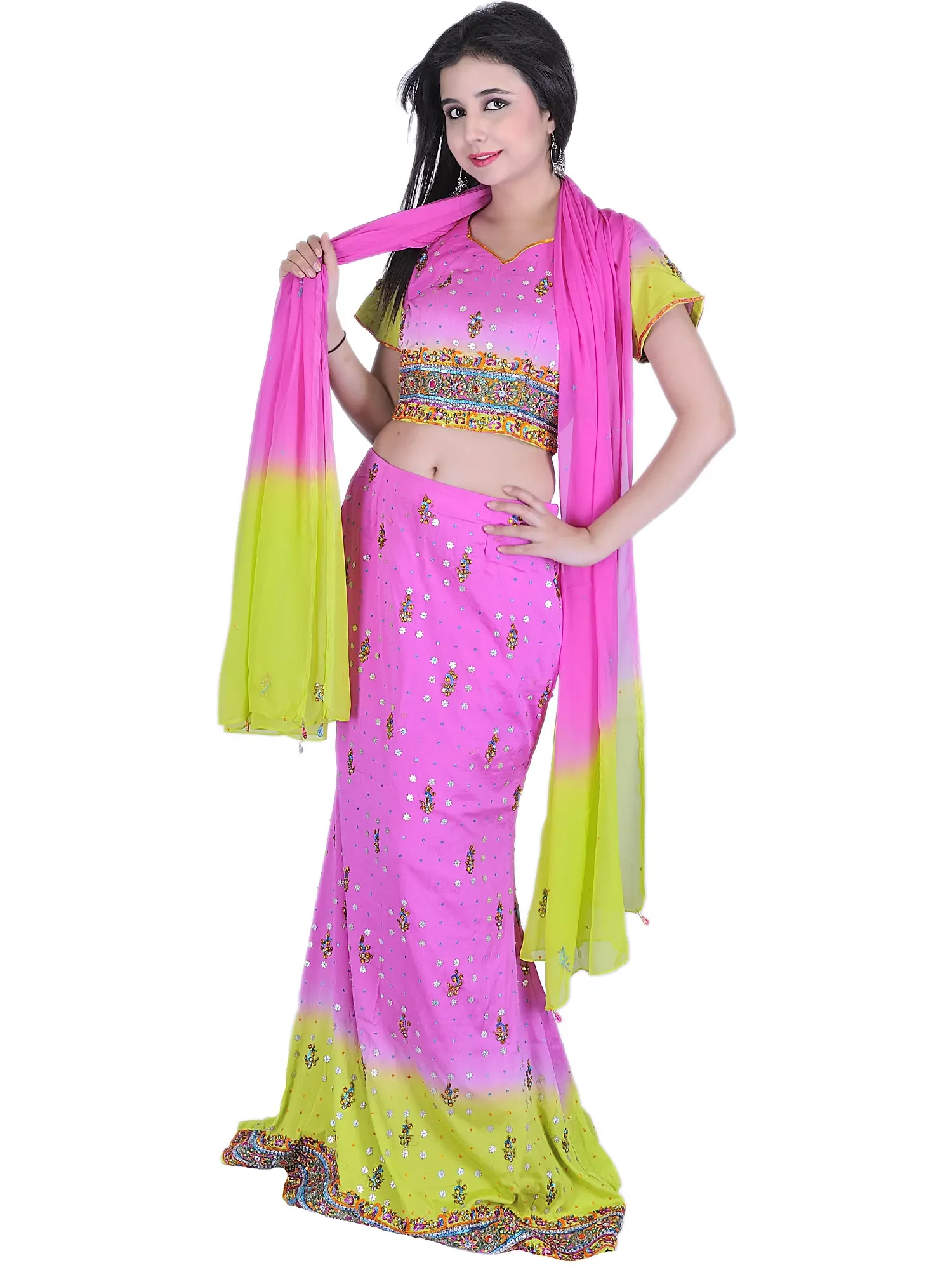 Pink and Green Bridal Lehenga Choli with Beadwork and Sequins