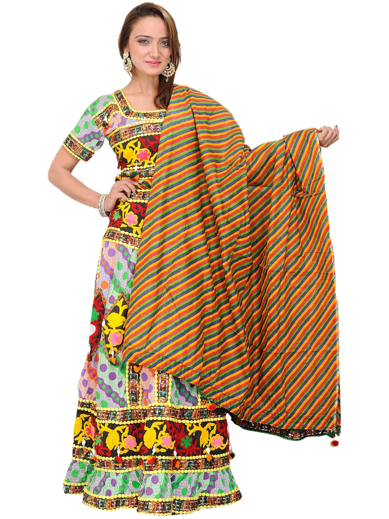 Multi-Colored Lehenga Choli from Rajasthan with Embroidered Flowers and Dori