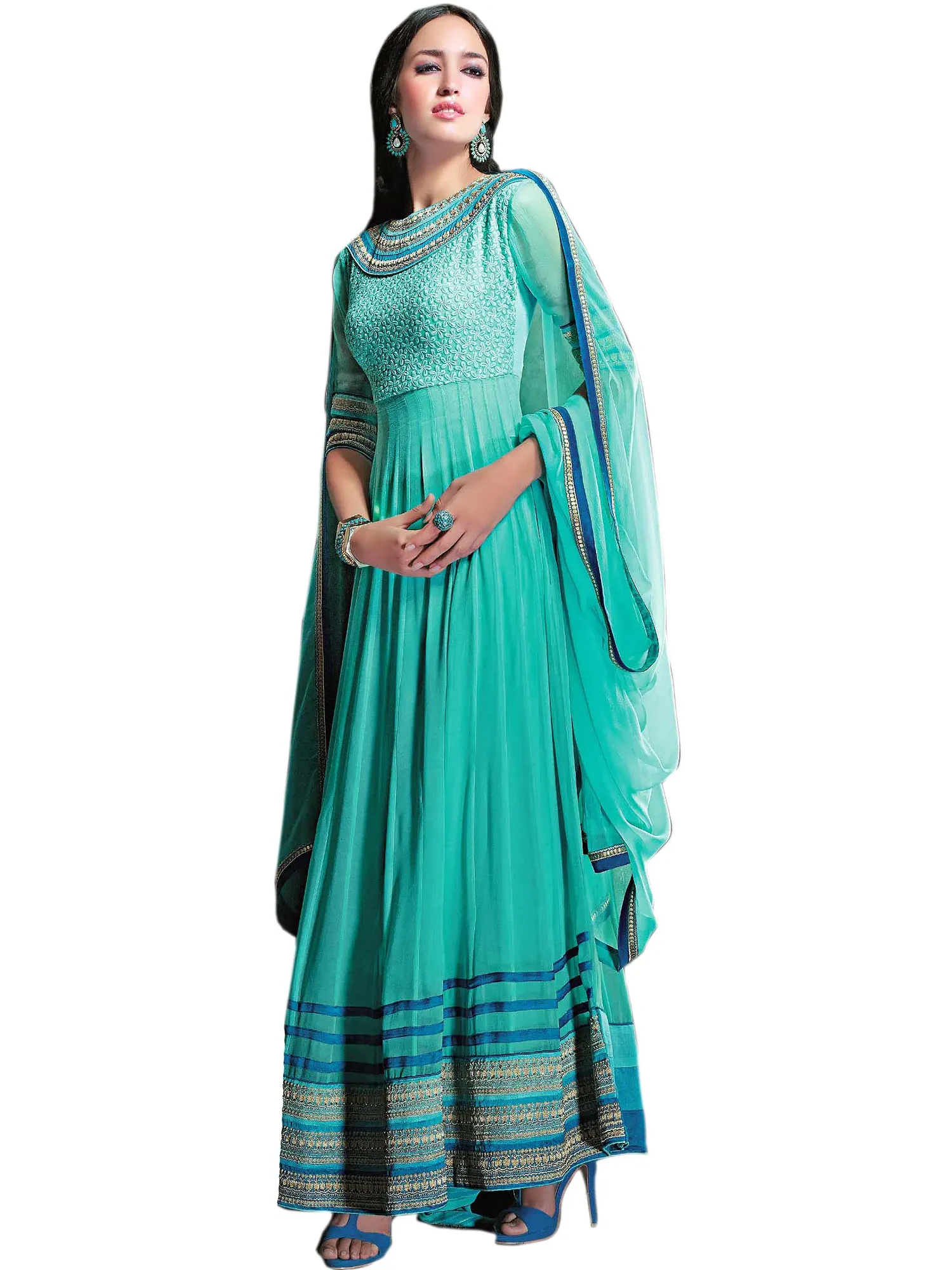 Aqua-Haze Wedding Anarkali Suit with Embroidered Flowers and Patch Border