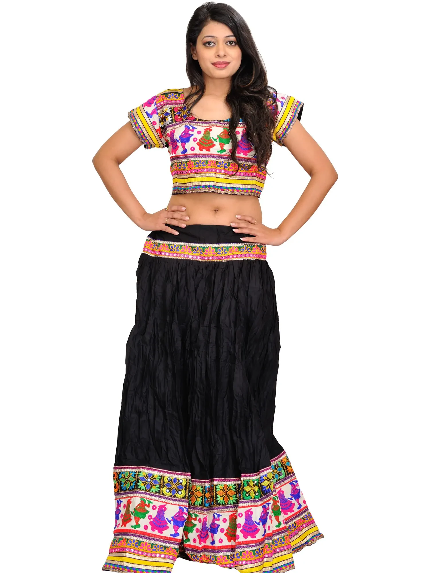 Jet-Black Two-Piece Embroidered Lehenga Choli with Dancing Couples on Border