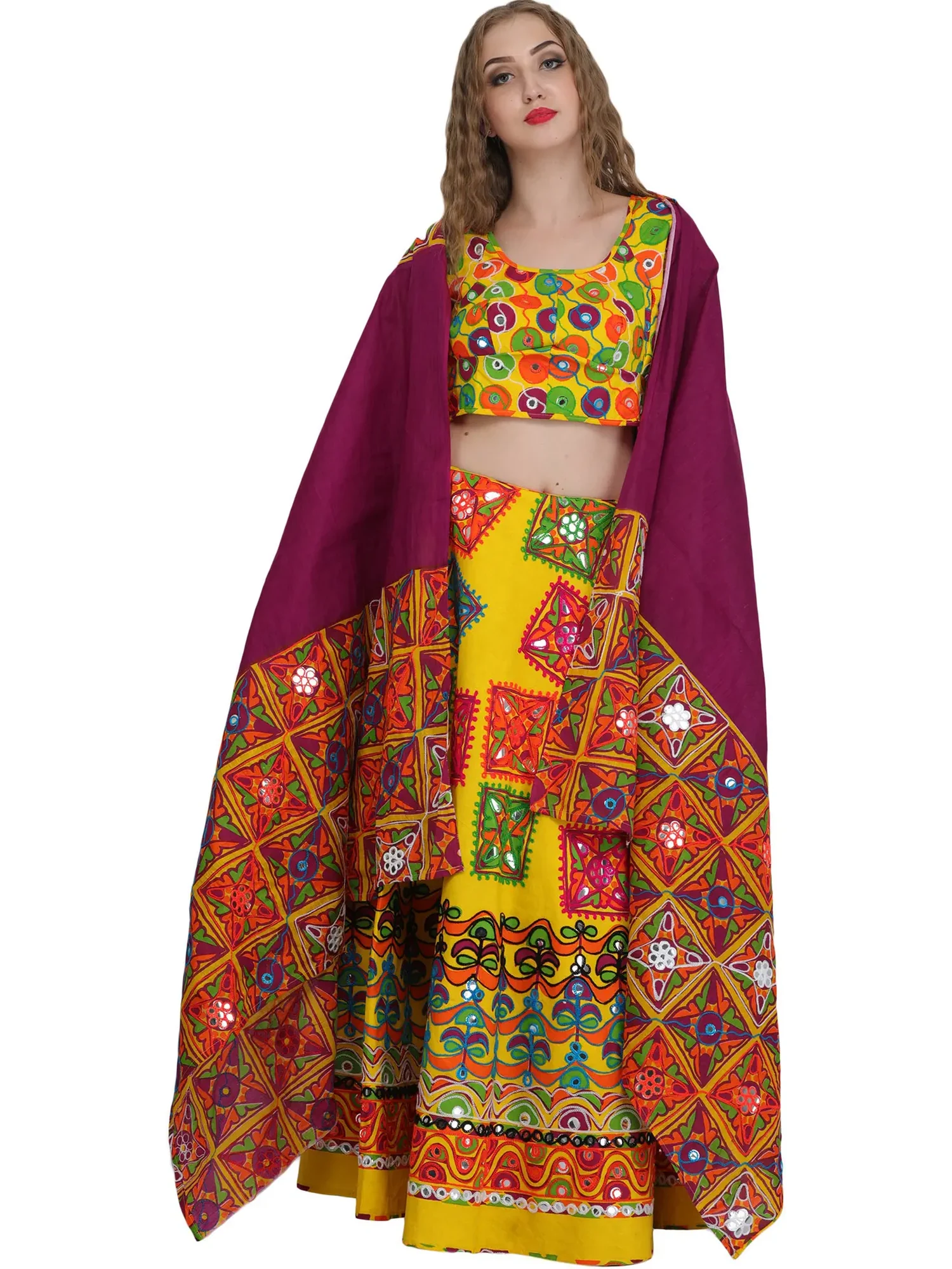 Lemon and Boysenberry Printed Lehenga Choli from Jodhpur with Embroidery and Large Sequins